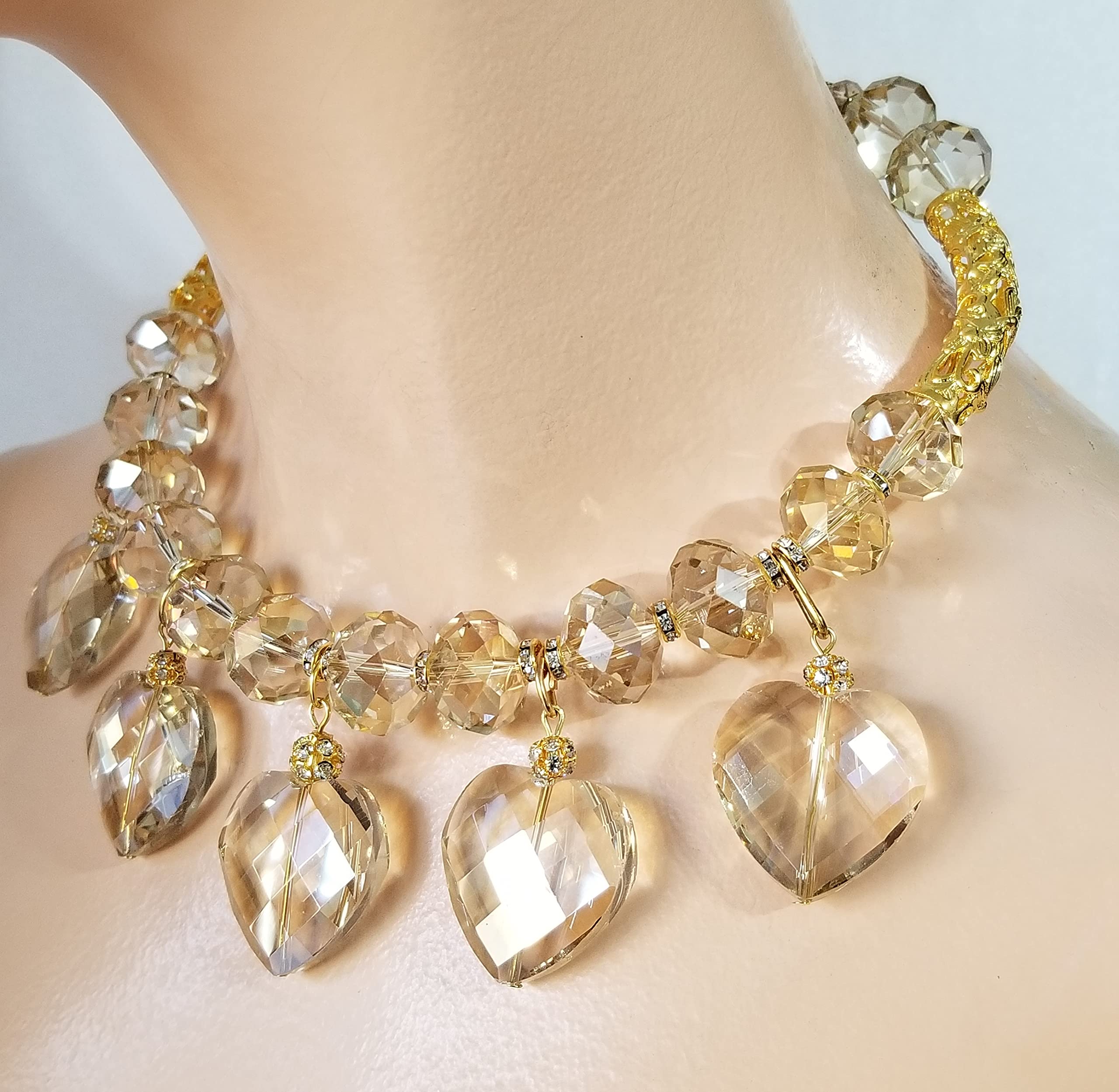 Exquisite Rare Sparkly Champagne Austrian Crystal Jewelry Set - Necklace, Earrings & Bracelet with 5 Hearts Design | Perfect for Weddings, Anniversaries & Special Occasions