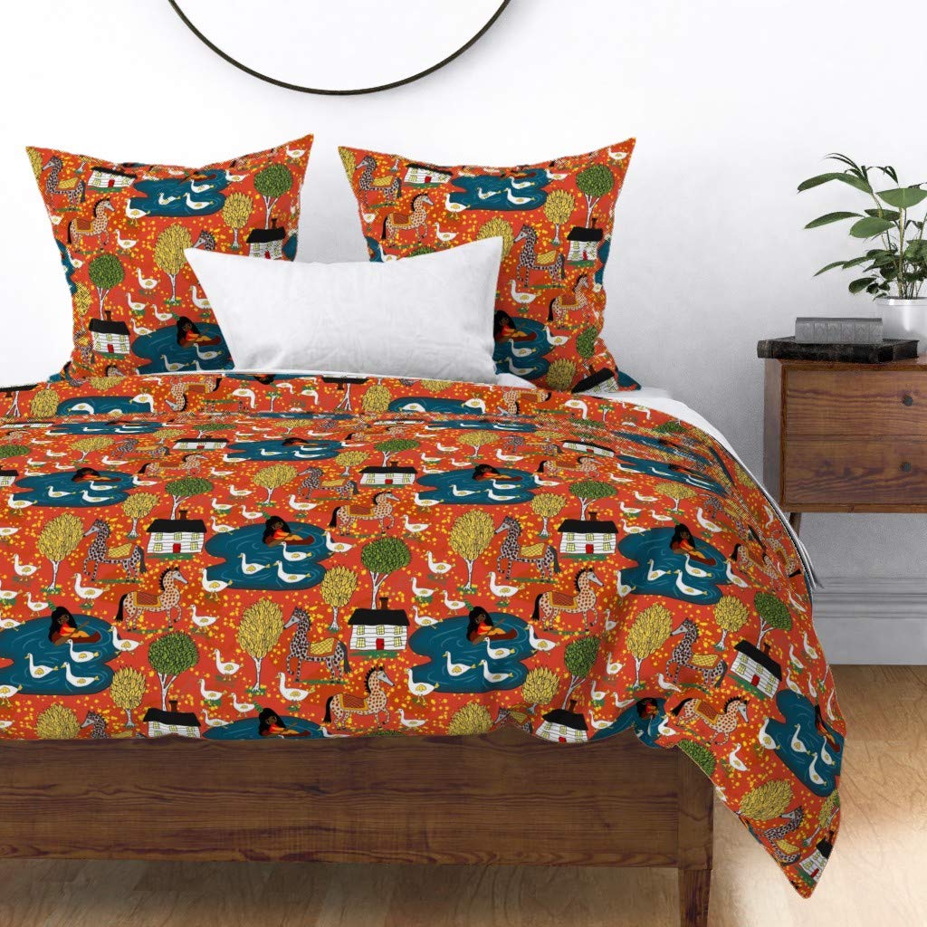 Custom Blue Orange Horse Water Print Cotton Sateen Duvet Cover for King/California King Bed | Kids' Fantasy Lake Goose Autumn Design Bedding | Perfect for Children's Room, Nursery, or Guest Bedroom Decor