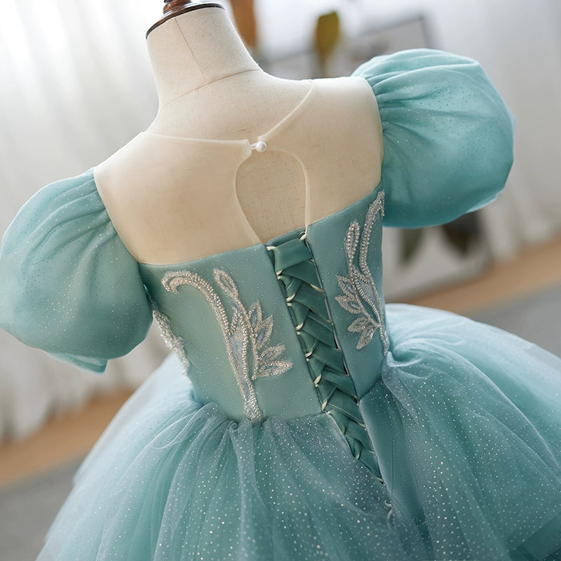 Mint Green Princess Round Floor Length Tulle Flower Girl Dress for Weddings, Baptisms & Special Occasions