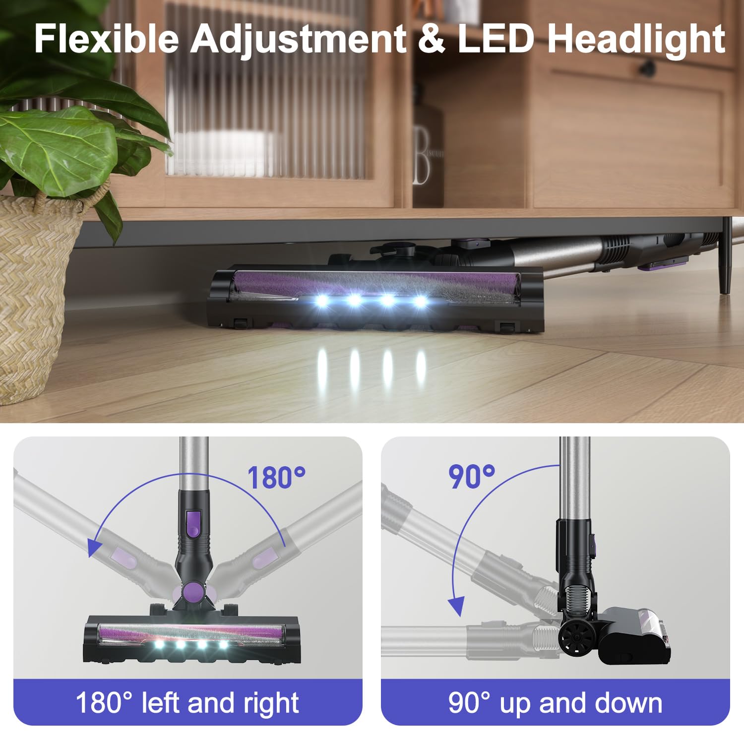 Powerful 6-in-1 Cordless Stick Vacuum Cleaner with 180° Bendable Wand - Lightweight, Self-Standing & Rechargeable for Hardwood Floors - Ideal for Pet Hair, Carpet & Quick Home Cleaning (Purple)
