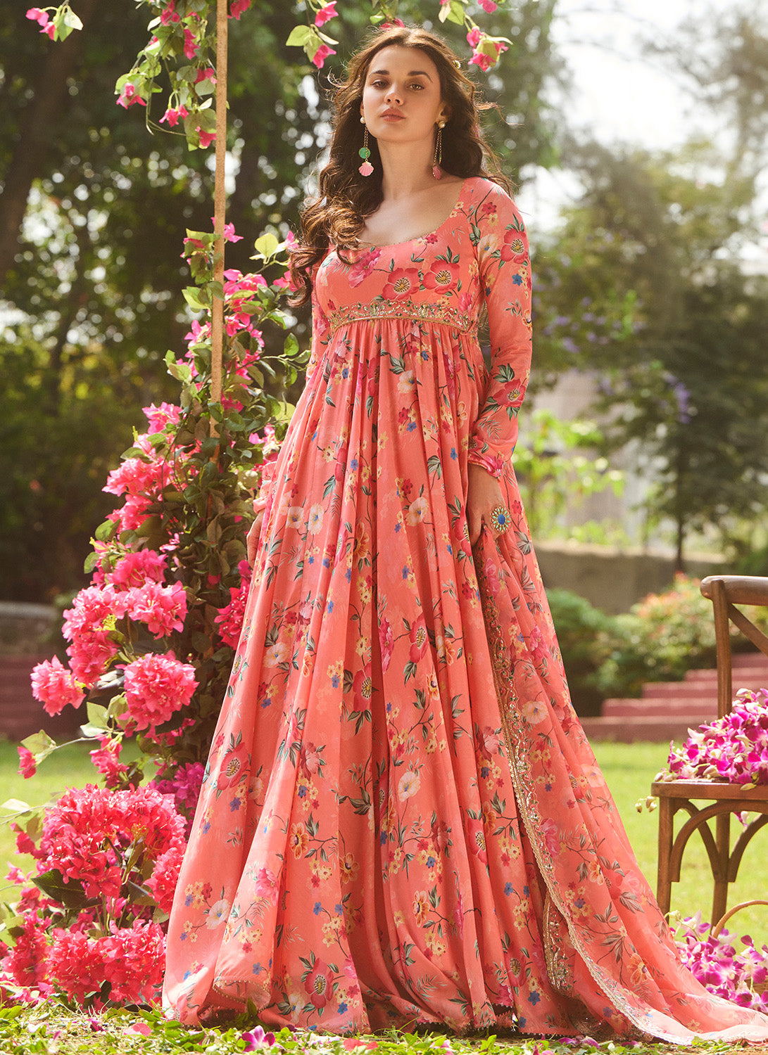 Elegant Coral Multicolor Floral Printed Anarkali Dress for Women | Indian Ethnic Party Wear | Perfect for Weddings, Festivals and Special Occasions