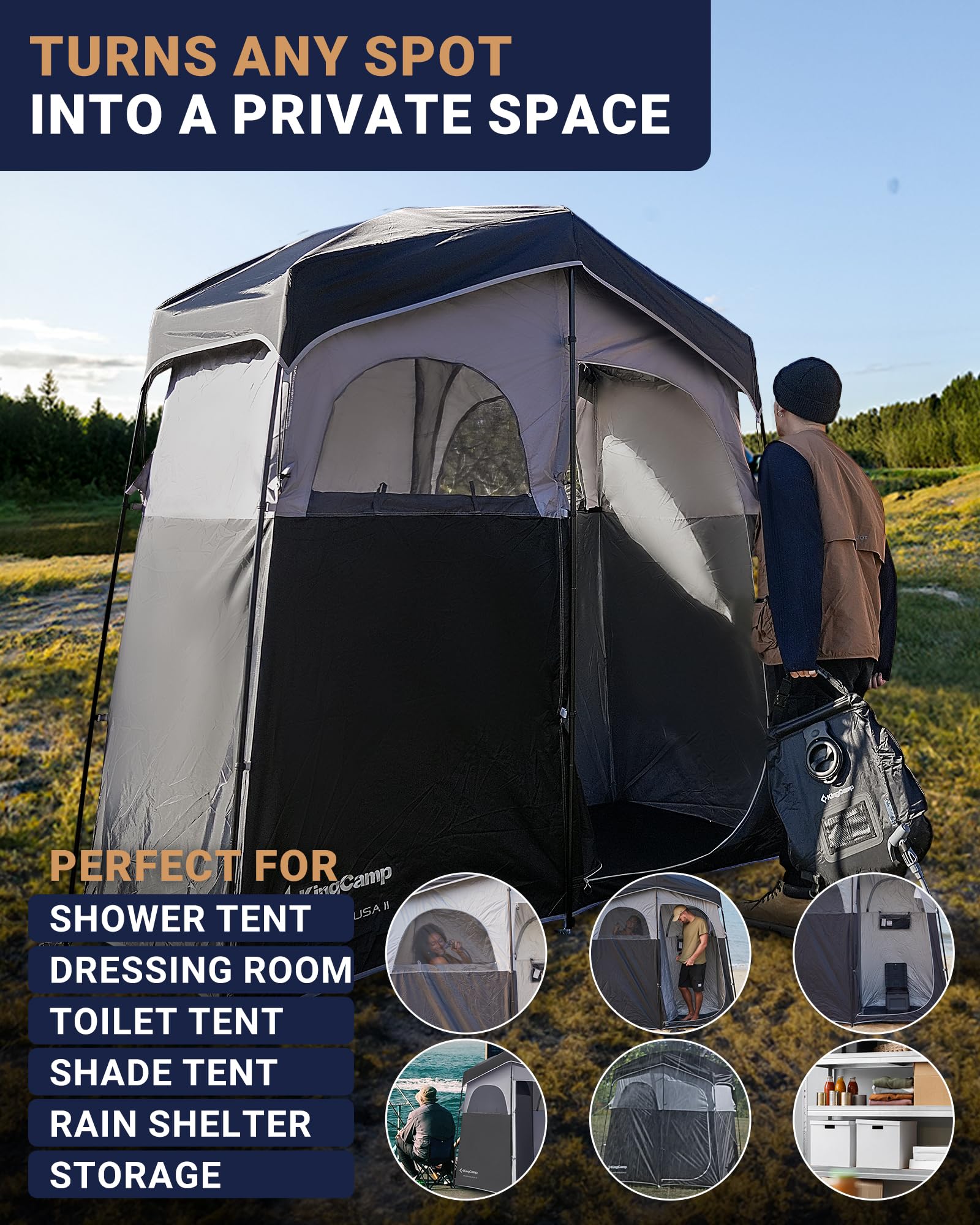 KingCamp Luxury Camping Shower Tent with Shower Bag - Portable Privacy Shelter for Outdoor Bathing, 1 & 2 Room Toilet Tent Options - Perfect for Camping, Hiking, Beach Trips and RV Adventures