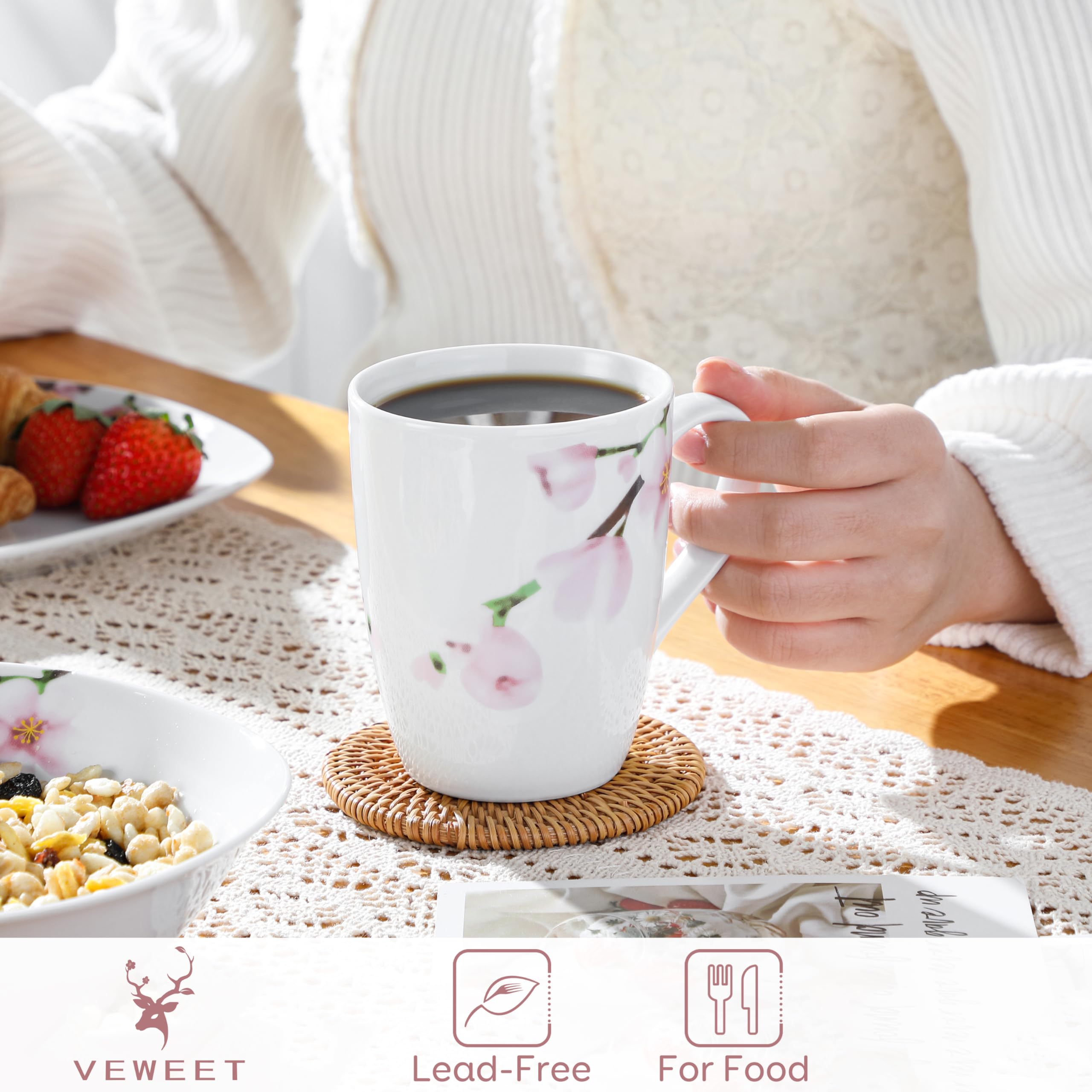 VEWEET 11oz Ceramic Coffee Mugs Set of 6 - Floral Design Handle Cups for Tea, Hot Chocolate & Cappuccino - Microwave & Dishwasher Safe - Perfect for Home, Office & Gifts (ANNIE Series)