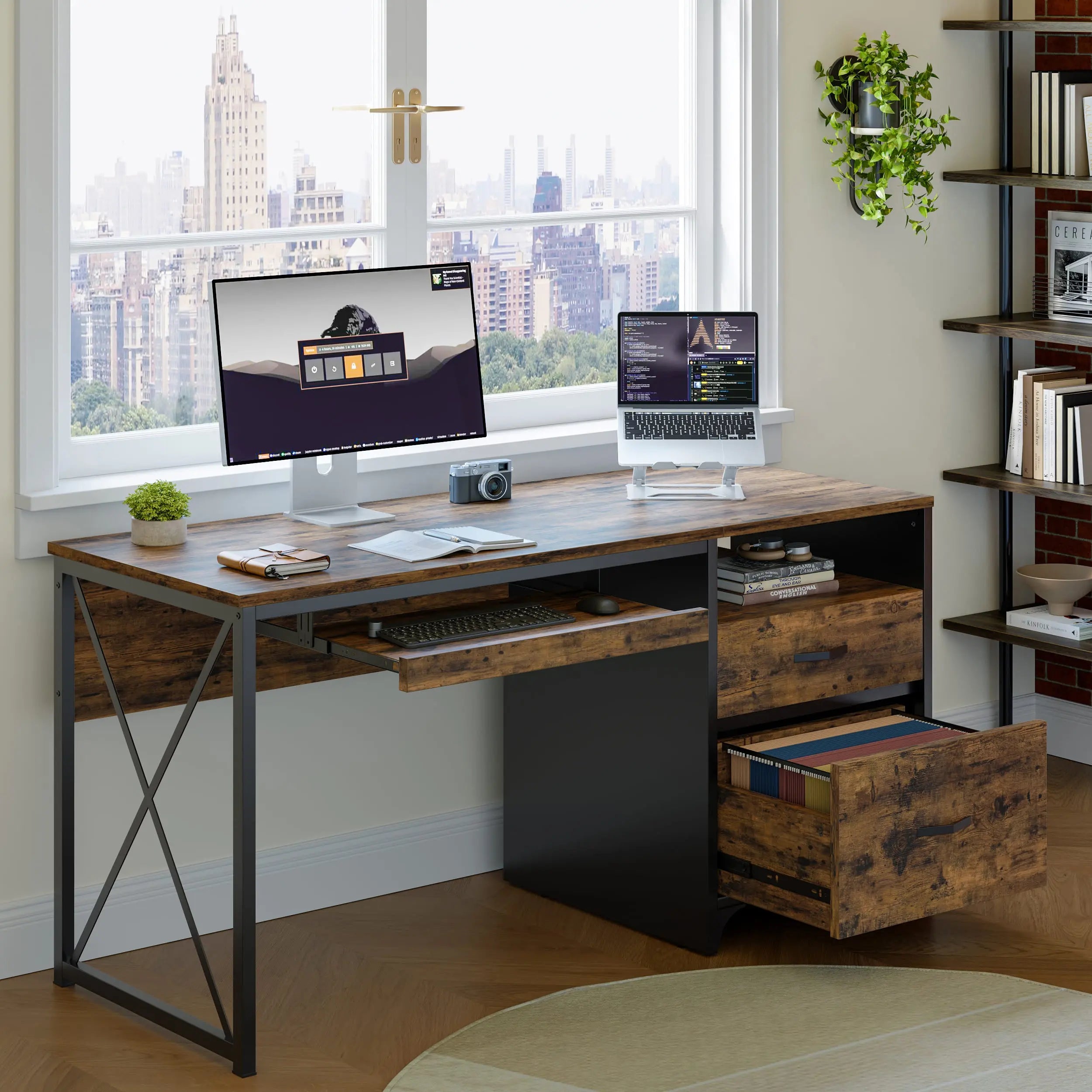 Bestier 55 Inch Industrial Office Computer Desk with Storage Shelf - Modern L-Shaped Writing Desk for Home Office, Gaming & Study - Sturdy Metal Frame Workstation with Drawers & Open Storage Space