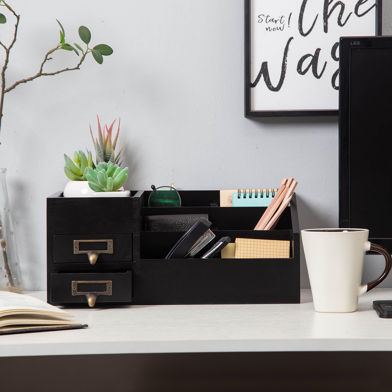Distressed Rustic Wooden Office Desktop Organizer - 2-Tier Drawer Shelf with Multiple Compartments | Jewelry Storage Display Box for Desk, Vanity & Home Decor | Perfect for Organizing Office Supplies, Cosmetics & Small Accessories (Black)