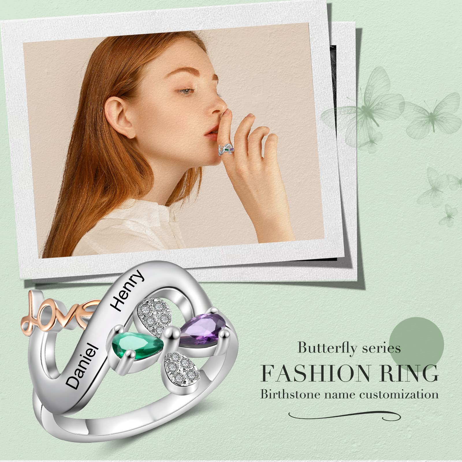 JewelOra Personalized Infinity Promise Ring for Women - Custom Engraved Name Butterfly Wedding Band with Simulated Birthstones - Romantic Engagement Gift for Mother, Grandma, Anniversary & Special Occasions