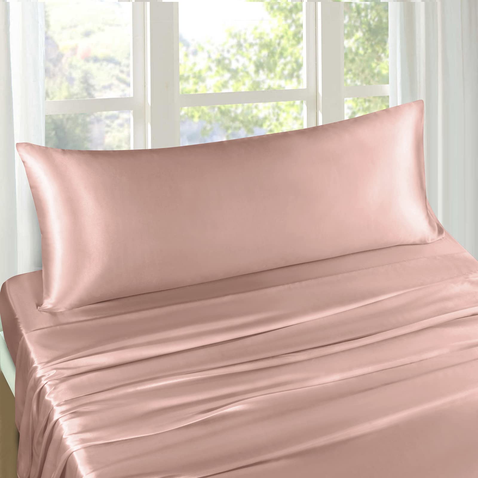 Treely Satin Pillow Covers 20x48 Inches - Silky Smooth Body Pillowcase for Hair & Skin Protection - Envelope Closure Long Pillow Case (Champagne) - Perfect for Bedroom Decor, Travel & Beauty Sleep