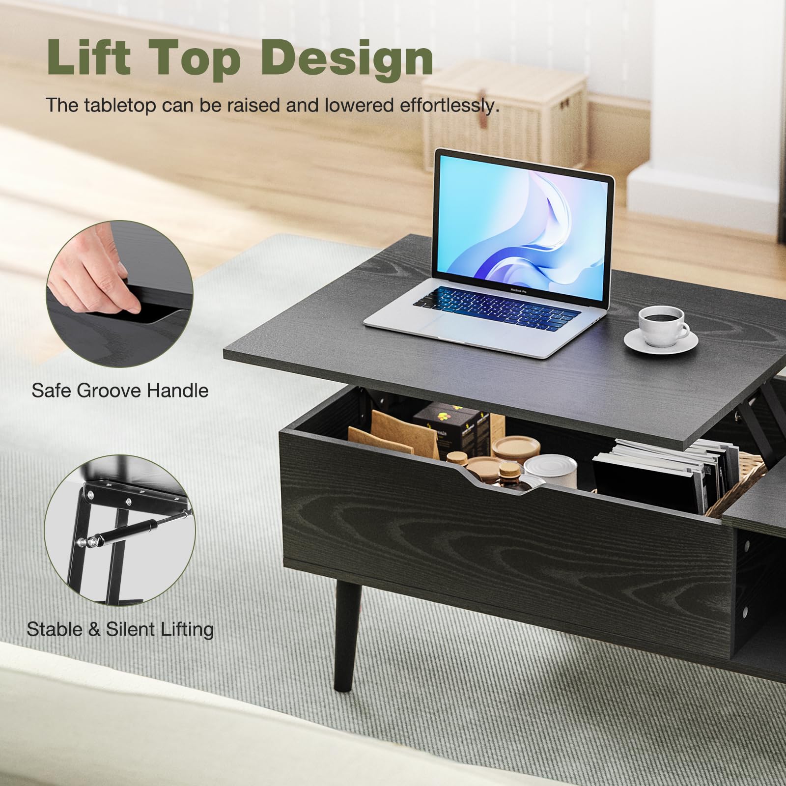 Wood Lift Top Coffee Table, Hidden Compartment and Large Storage Shelf, Versatile for Living Room, Home Office, and Dining, Black Finish