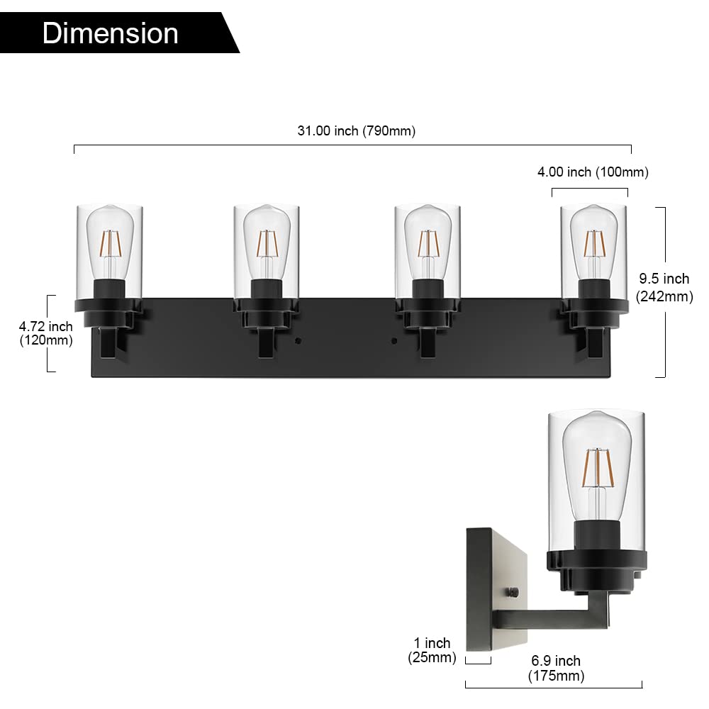 MELUCEE 4-Light Farmhouse Vanity Lights - Black Industrial Wall Mount Bathroom Mirror Lighting with Clear Glass Shade - Perfect for Bedroom, Kitchen, Hallway & Bathroom Decor