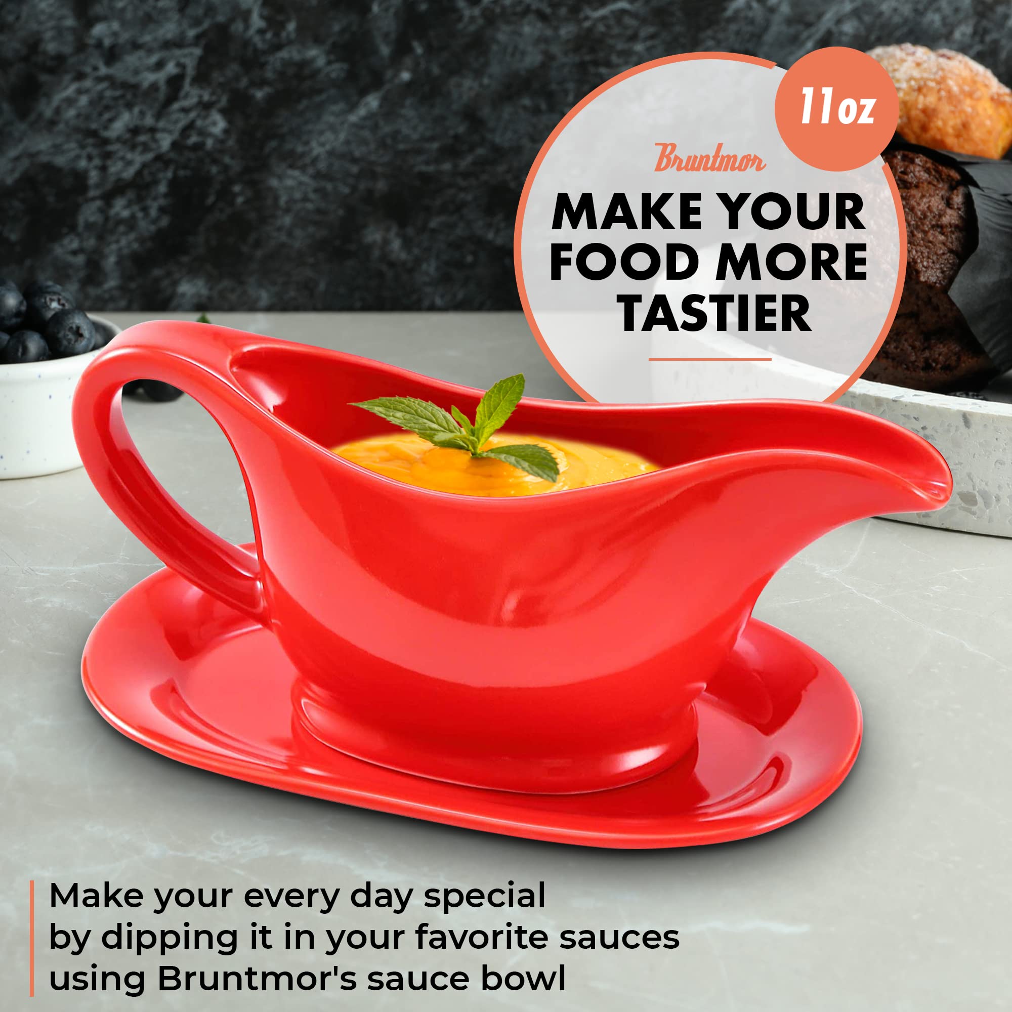 Bruntmor 11 Oz Red Ceramic Gravy Boat with Tray - Elegant Sauce Dispenser & Serving Dish for Thanksgiving, Dinner Parties & Holiday Meals - Perfect for Gravy, Syrup & Condiments
