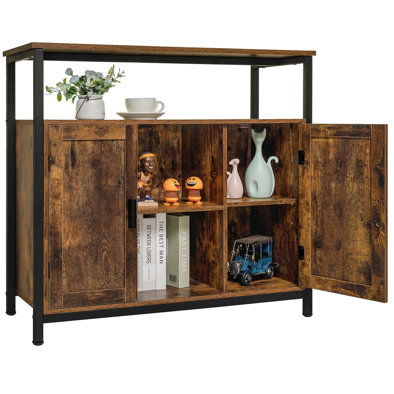 Rustic Brown 2-Door Storage Cabinet with Adjustable Shelves & Open Compartment - Buffet Sideboard for Dining Room & Living Room | Perfect for Home Organization, Kitchen Storage & Displaying Decor