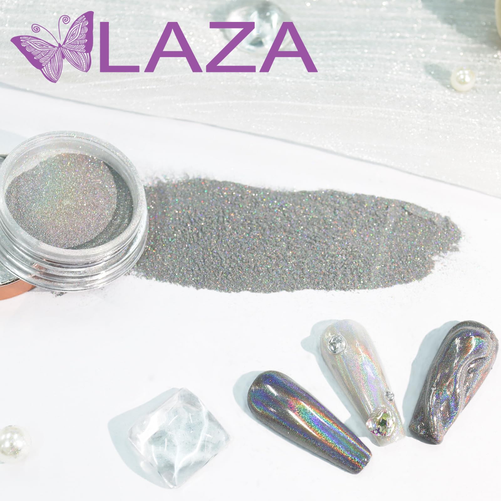 Holographic Nail Powder - Rainbow Iridescent Chrome Mirror Metallic Pigment for Gel Polish & Nail Art | Fine Glitter Nail Decorations for DIY Manicures, Resin Crafts & Professional Salon Use | Laser Silver Shine