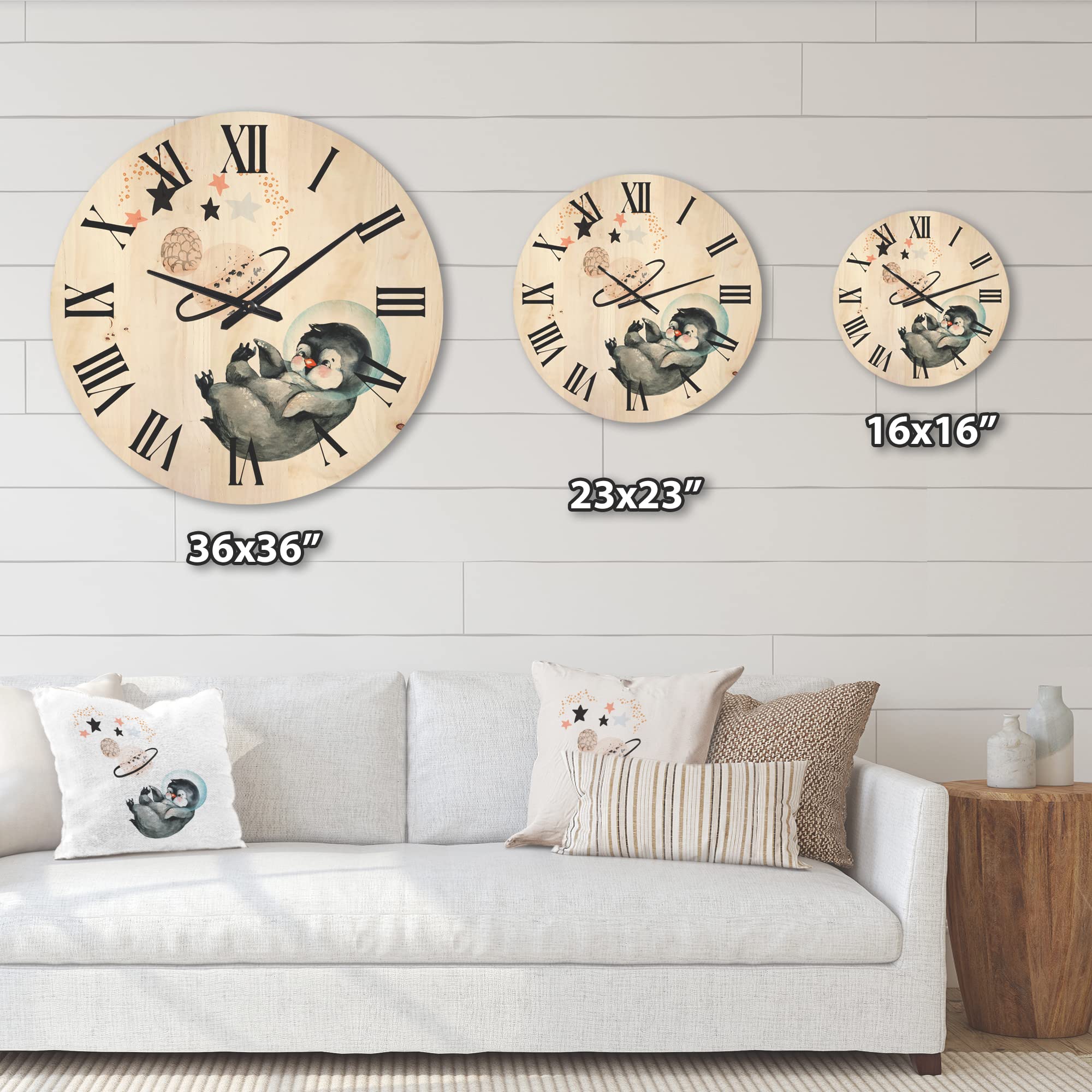 DesignQ 'Little Penguin with Planets and Stars' Large Farmhouse Wood Wall Clock - Oversized Decorative Animal Wall Clock for Living Room, Bedroom & Office Décor - Perfect for Home, Nursery & Gift Giving