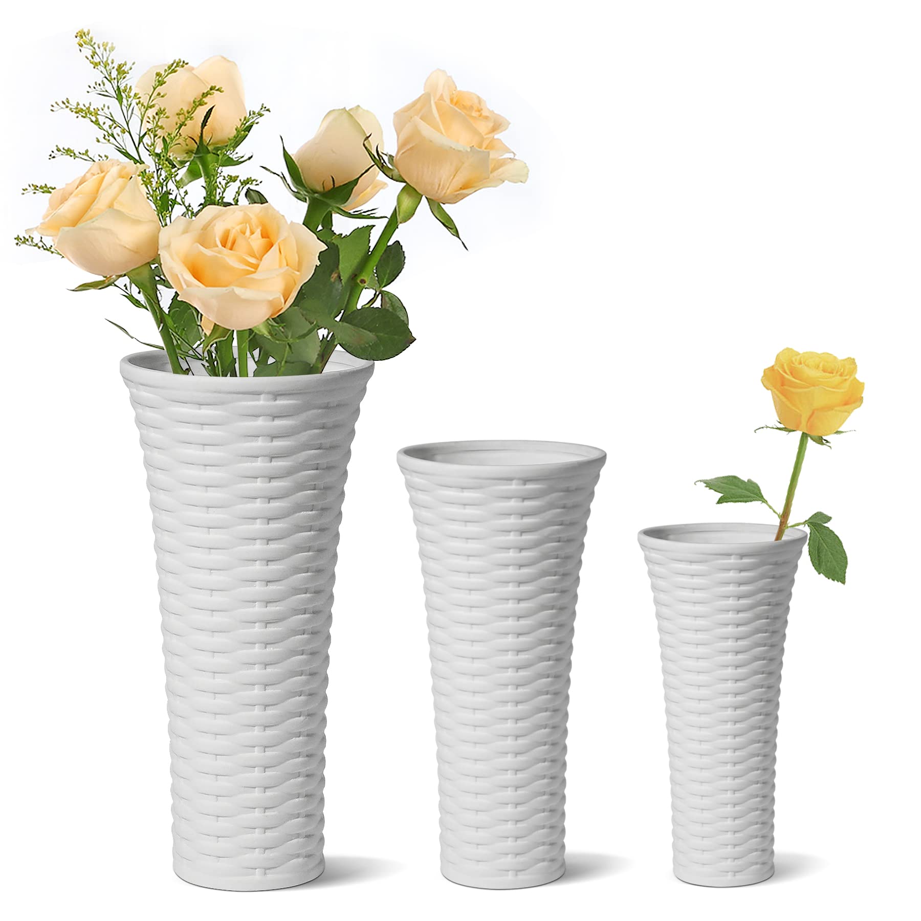 ComSaf 3-Piece White Ceramic Vase Set - Elegant Porcelain Flower Vases with Rattan Design for Home Decor | Perfect for Living Room, Wedding Centerpieces & Farmhouse Style Decor