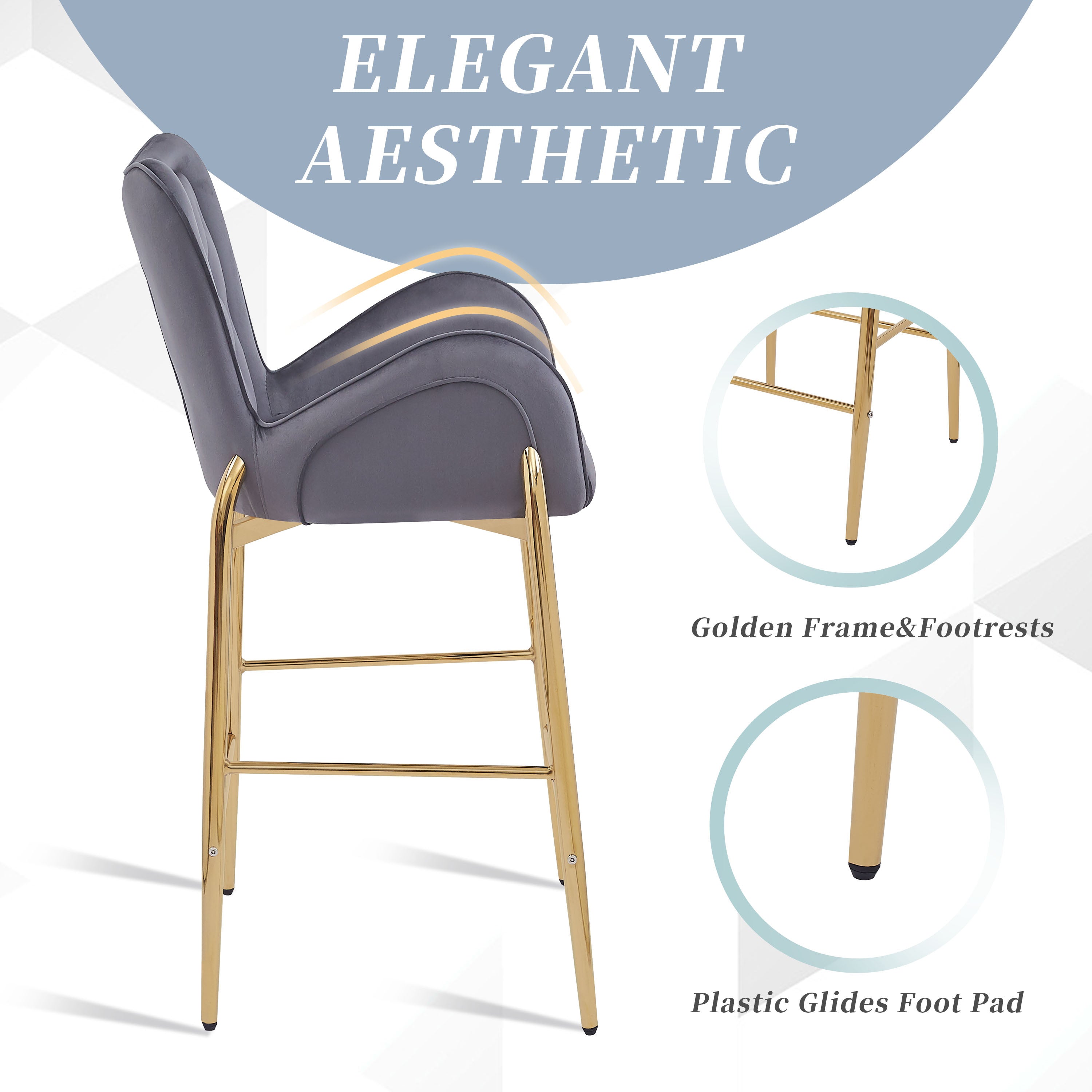 28.75 Inch Counter Height Bar Stools Set of 2 - Velvet Upholstered Bar Chairs with Golden Metal Legs - Perfect for Kitchen Island, Breakfast Nook & Home Bar Decor