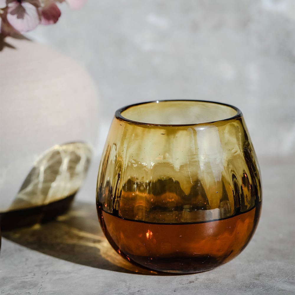 Recycled Glass Shorty Tumbler - Fluted Amber Design - Perfect for Cocktails, Iced Coffee & Home Decor
