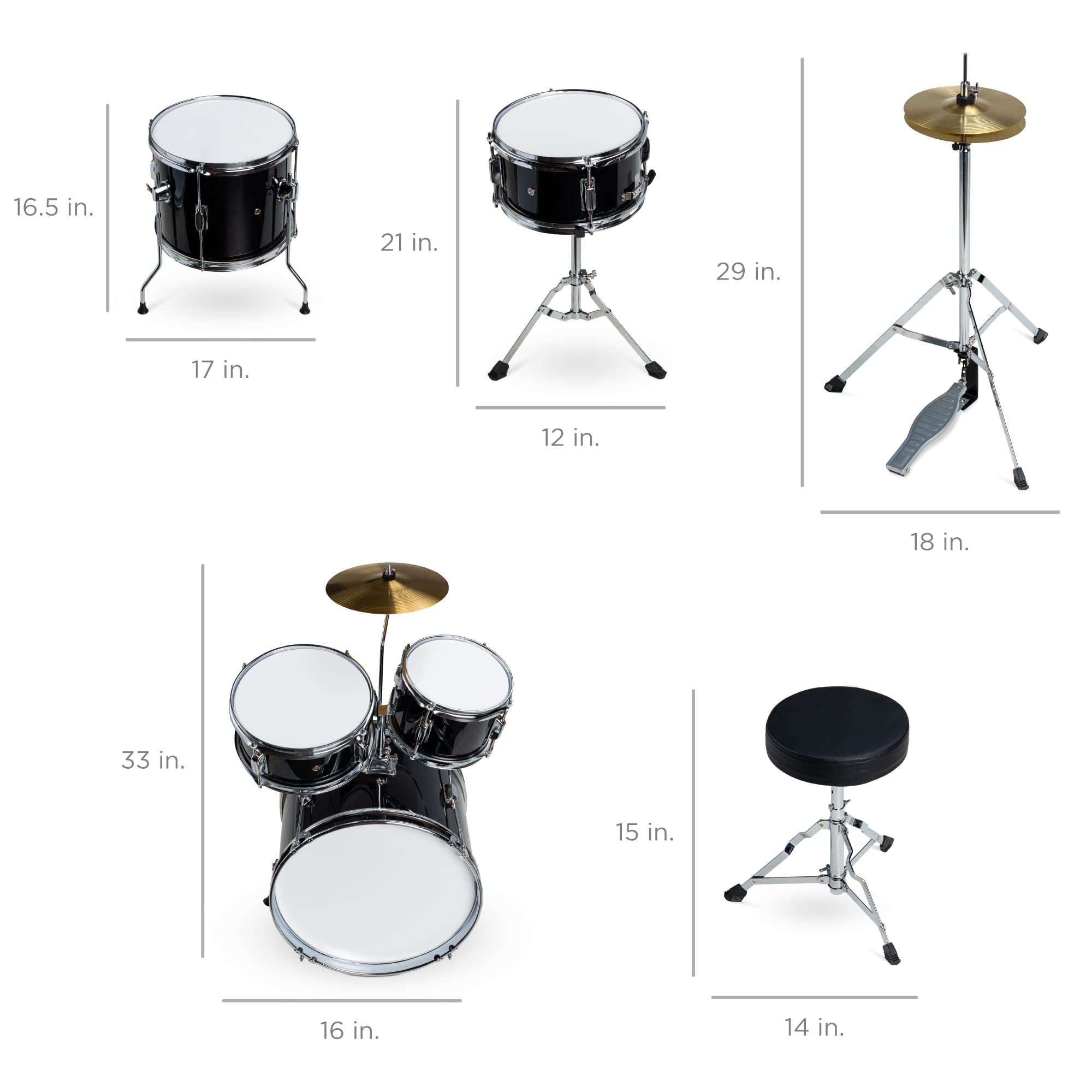 Best Choice Products 5-Piece 16in Kids Drum Set - Junior Drum Kit with Cymbals, Pedal, Drumsticks, Stool, Toms, Snare & Hi-Hat - Perfect Beginner Percussion Set for Children (Black) | Ideal for Home Practice, Music Lessons & Early Childhood Development