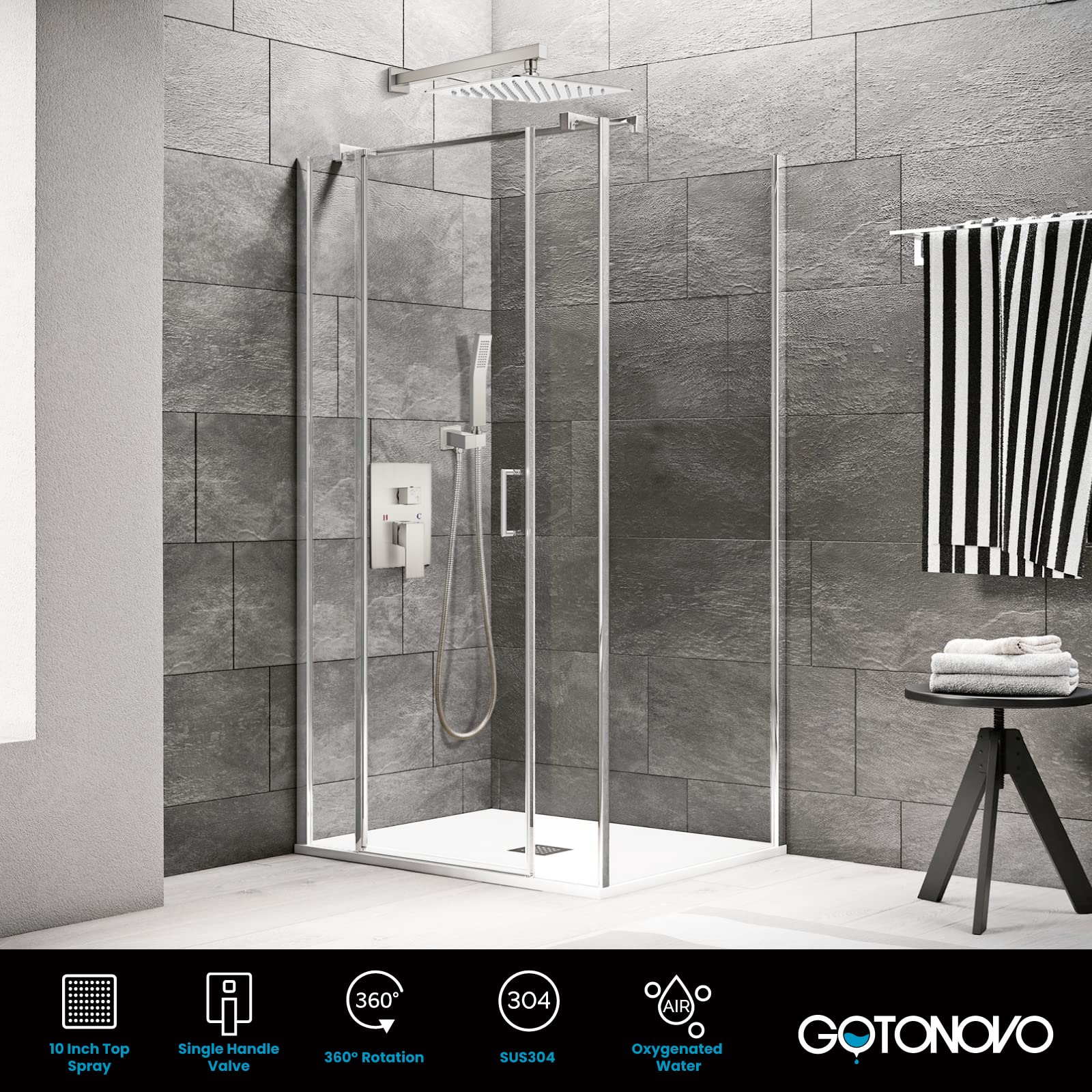 Gotonovo Rainfall Shower System - 10 Inch Square Shower Head with Handheld Spray & High Pressure Valve - Brushed Nickel Bathroom Faucet Set for Luxury Spa Experience at Home