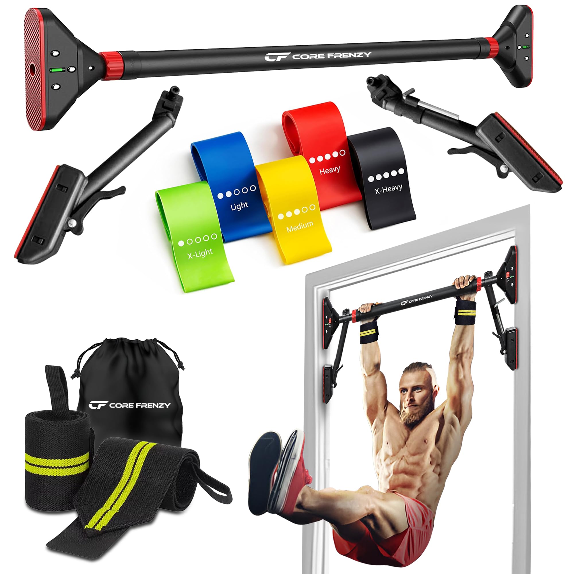 Adjustable Pull Up Bar for Doorway with Resistance Bands & Wrist Wraps - No Screw Installation Chin Up Bar for Upper Body Workout - 29.9