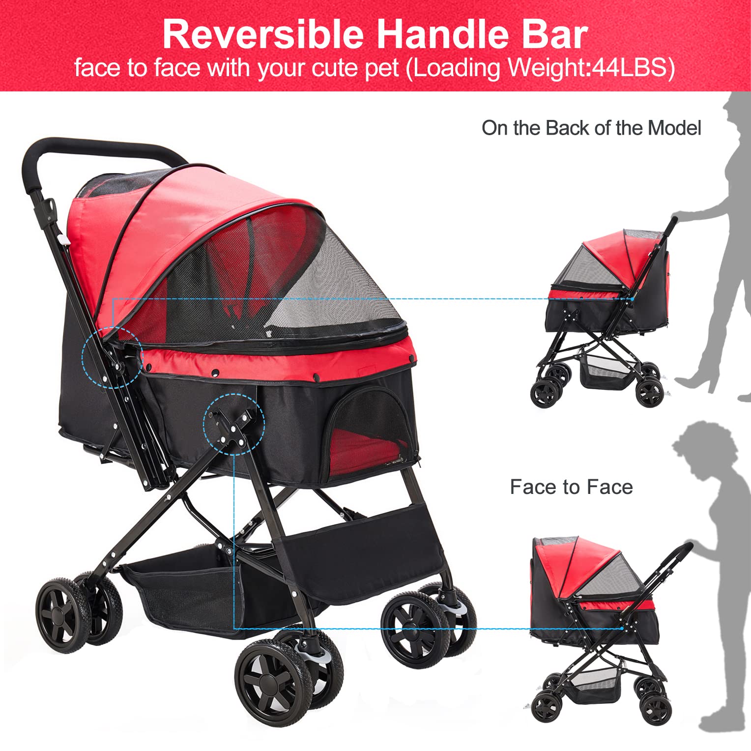 Foldable Large Dog Stroller for Medium Pets - Convertible Compartment & Reversible Handlebar - Perfect for Outdoor Walks, Vet Visits, and Travel with Your Cat or Dog