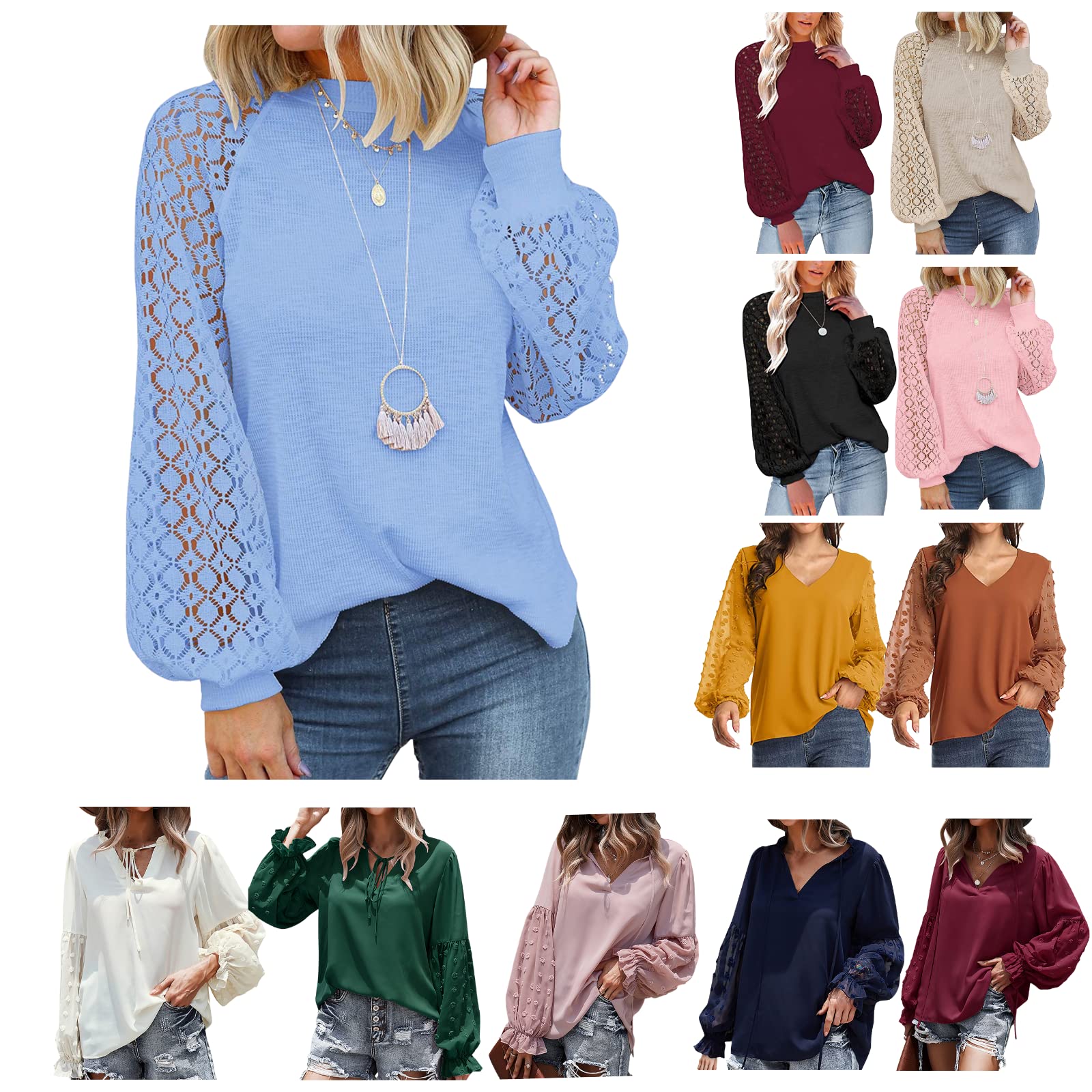 Stylish Women's Lace Stitched Lantern Sleeve Blouse - Loose Fit Waffle Knit & Chiffon Pullover Top for Fall | Perfect for Casual Outings, Office Wear & Autumn Layering