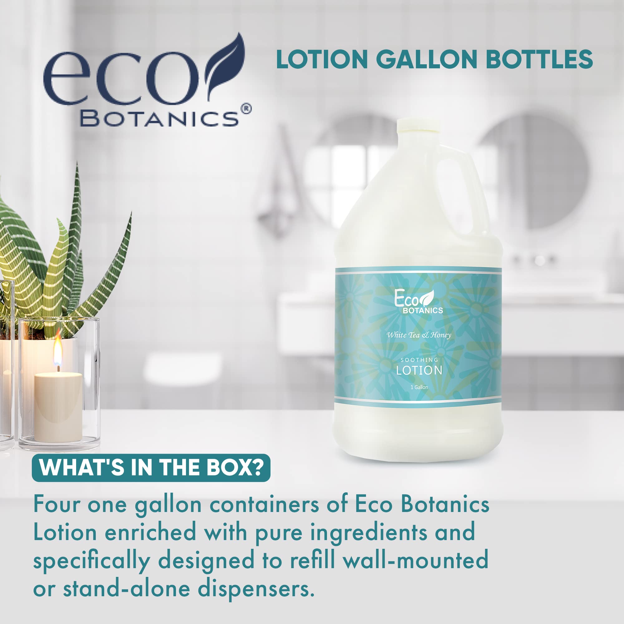 Terra Pure Eco Botanics Natural Lotion with Raw Honey & White Tea - 1 Gallon Bulk Refill for Soap Dispensers | Moisturizing Body Lotion for Airbnb, Vacation Rentals, Home & Spa Use | Set of 4 Jugs | Organic Skincare for Dry Hands & Body