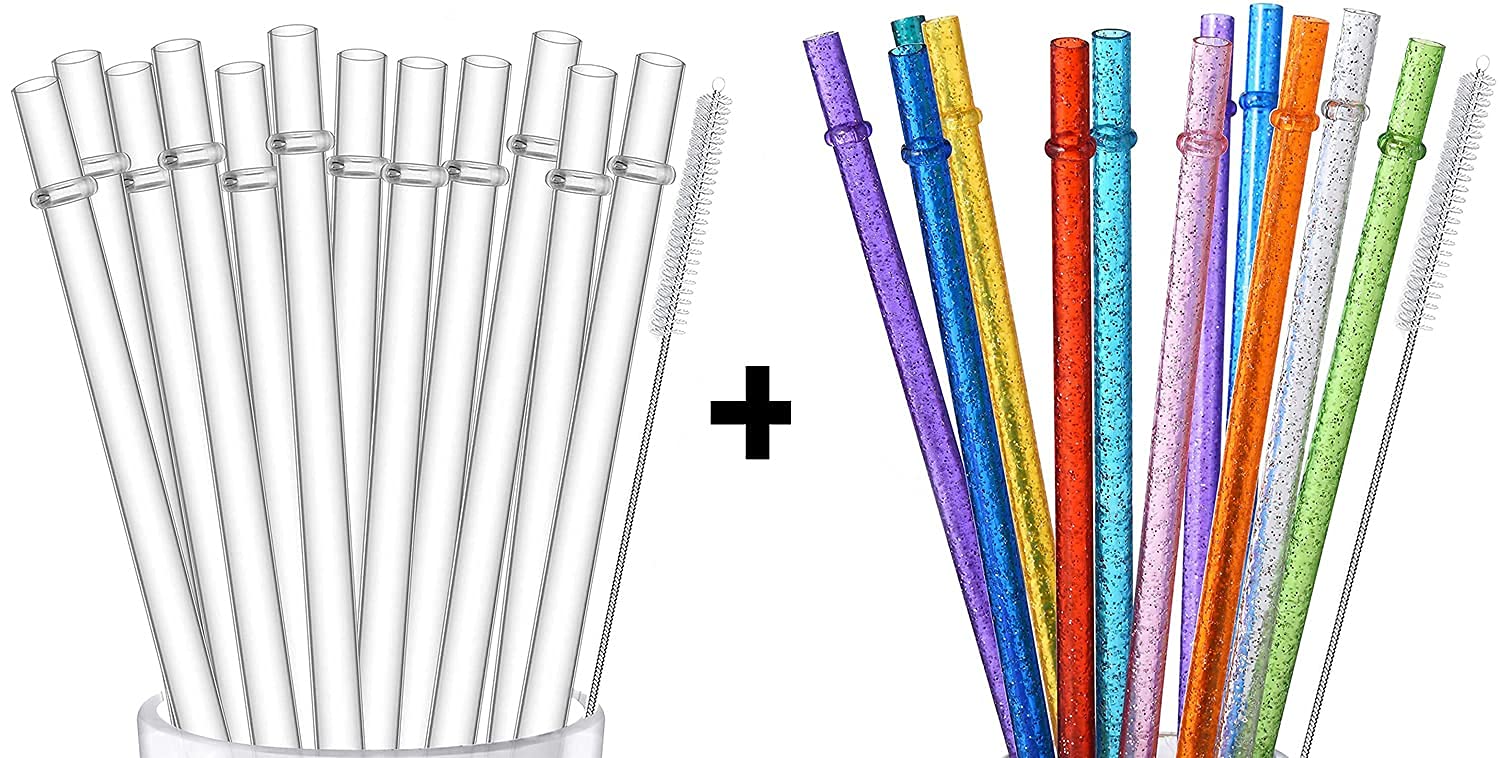 ALINK 12-Pack Reusable Clear Plastic Straws & 12 Glitter Straws for Smoothies, Cocktails, and Parties - BPA-Free Eco-Friendly Drinking Straws Set