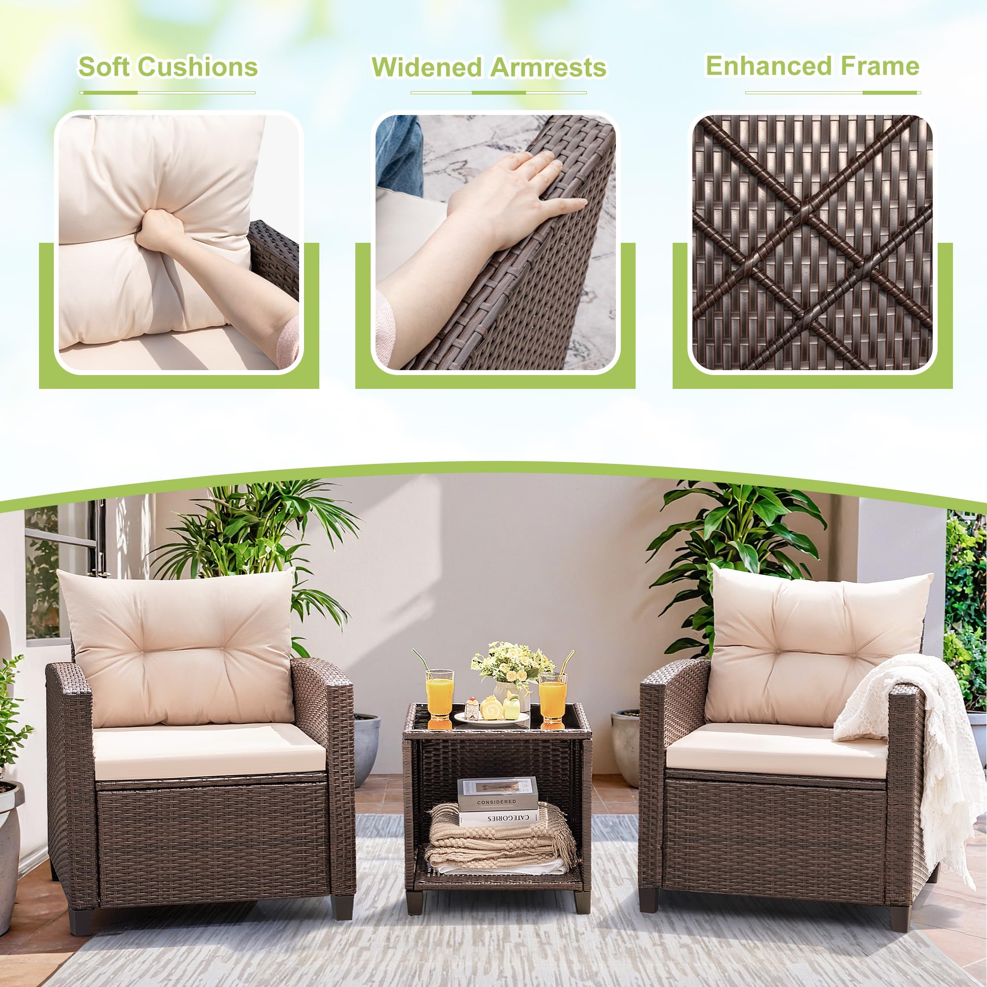 Devoko 3-Piece PE Rattan Wicker Patio Furniture Set with 2 Outdoor Chairs & Table - Durable Garden, Poolside, Balcony, Porch Furniture for Relaxing & Entertaining