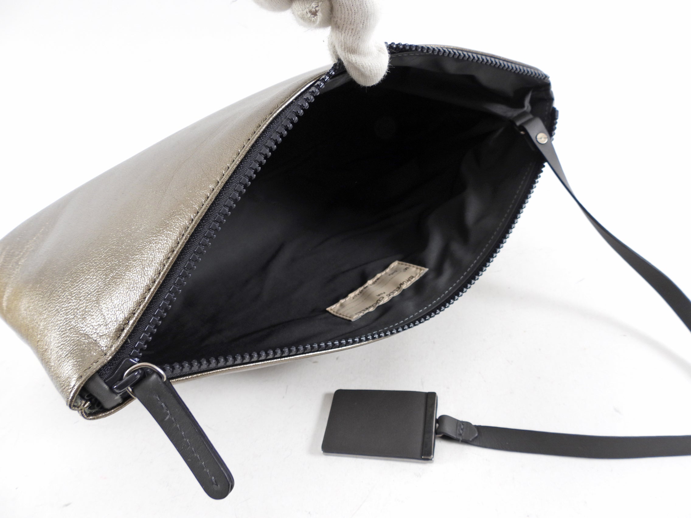 Brunello Cucinelli Pewter Metallic Leather Zip Large Pouch Clutch Bag for Women | Luxury Evening Bag for Parties, Weddings & Special Occasions