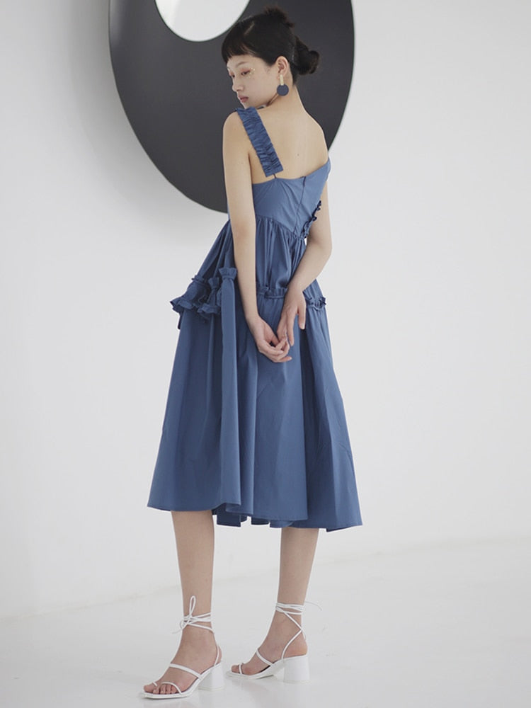 Women's Asymmetrical Hollow Out Dress - Square Collar Sleeveless High Waist Pullover Casual Summer Dress for Beach, Party & Date Night