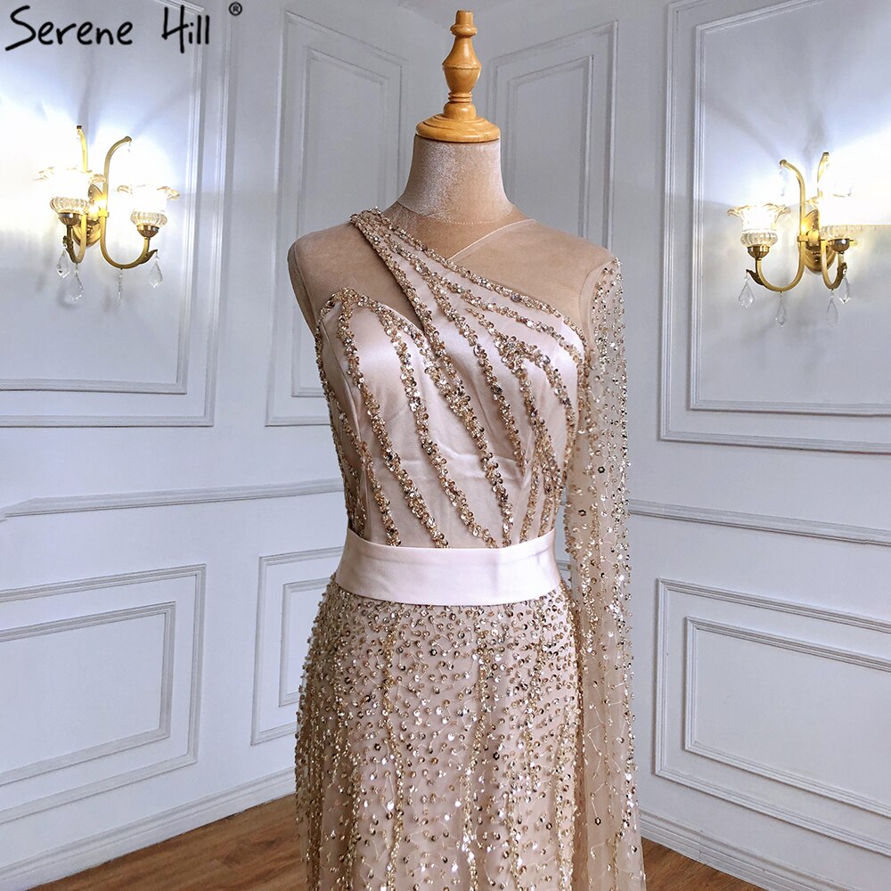 Elegant Gold One Shoulder Mermaid Evening Dress with Feather & Beaded Details - Luxury Women's Party Gown for Prom, Wedding & Special Occasions - Serene Hill LA71096