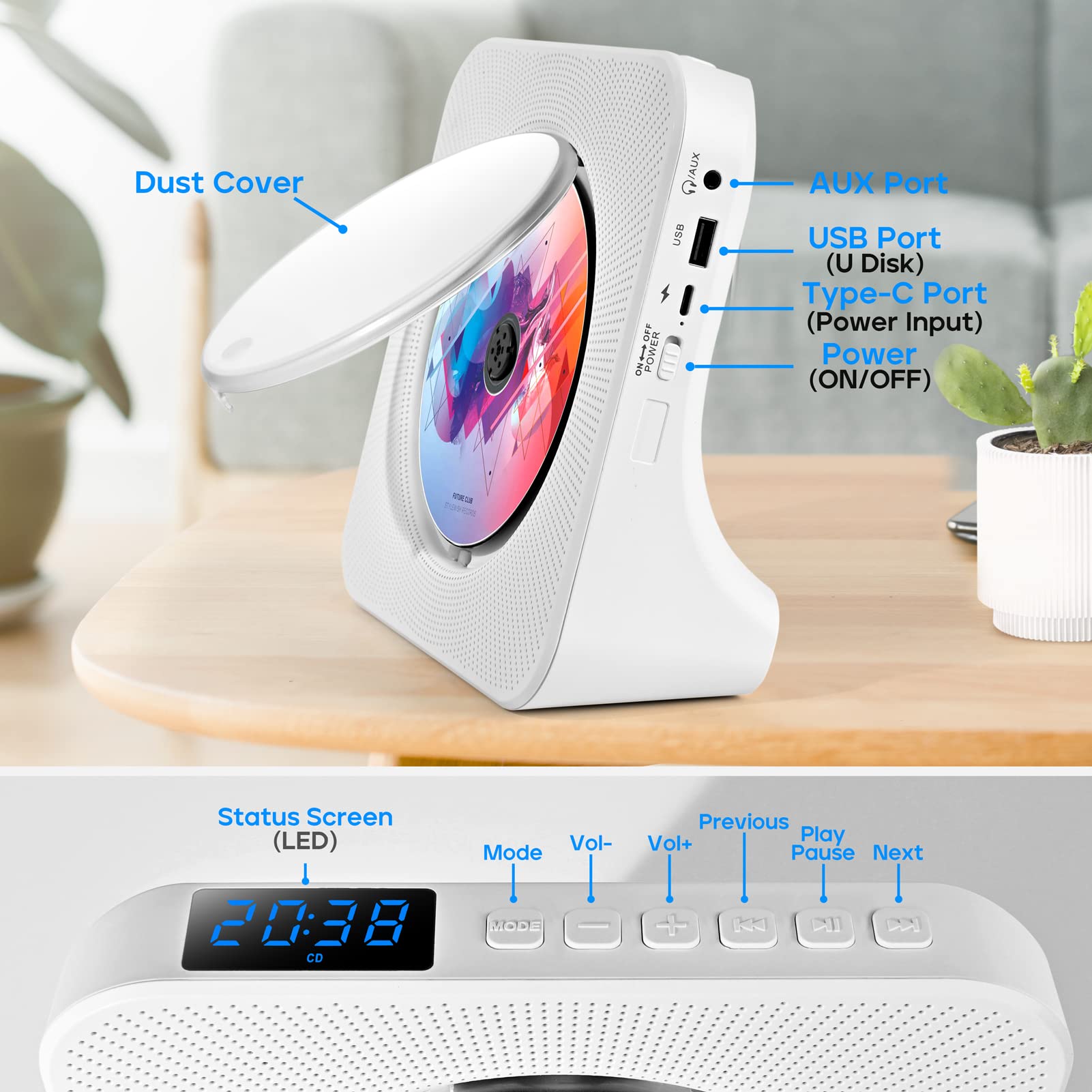 ROADOM Bluetooth CD Player with Speakers - Hi-Fi Stereo Sound, Remote Control, Supports CD/Bluetooth/FM Radio/USB/AUX/Timer/Repeat - Perfect for Home, Office & Bedroom Music Listening
