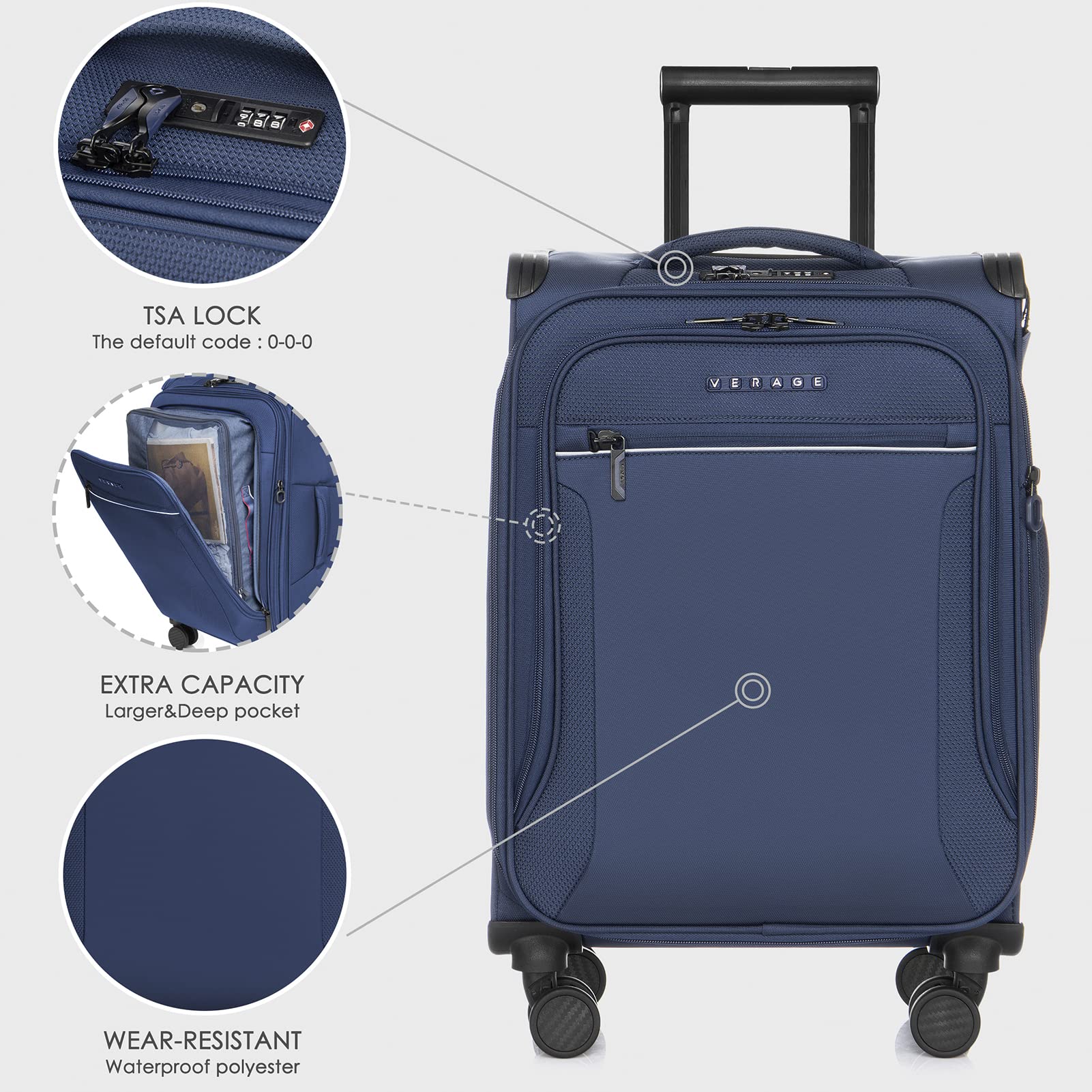 Vercase Toledo Expandable 20-Inch Carry On Luggage with 360° Spinner Wheels - Lightweight Softside Suitcase for Travel, Business & Weekend Trips (Navy Blue)