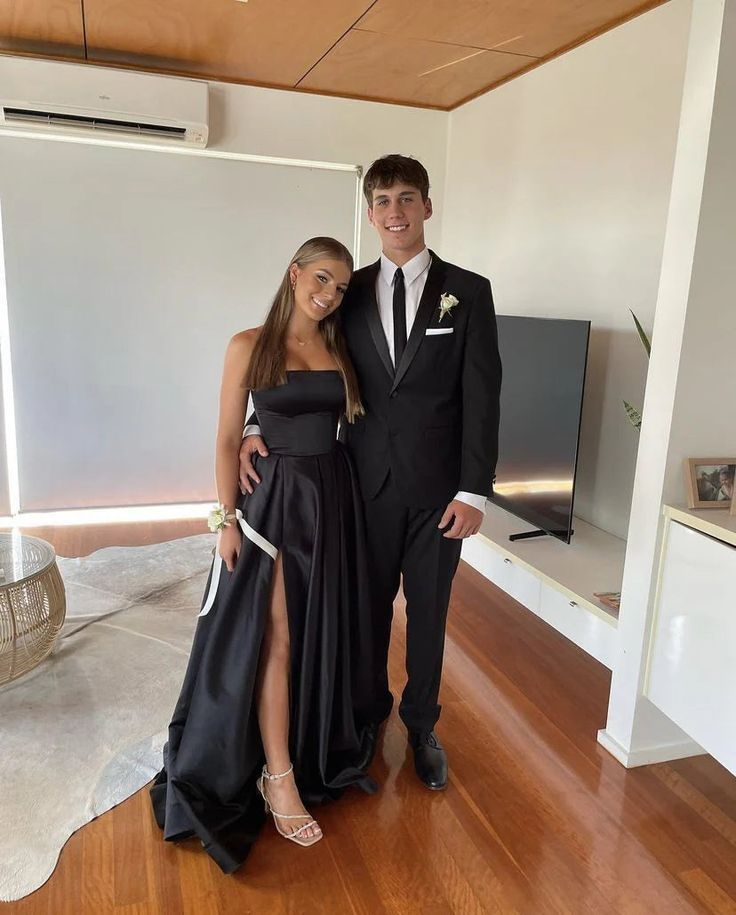 Elegant Black Satin A-Line Strapless Evening Gown with Thigh High Slit - Perfect for Prom, Cocktail Parties & Formal Events - Style J6141