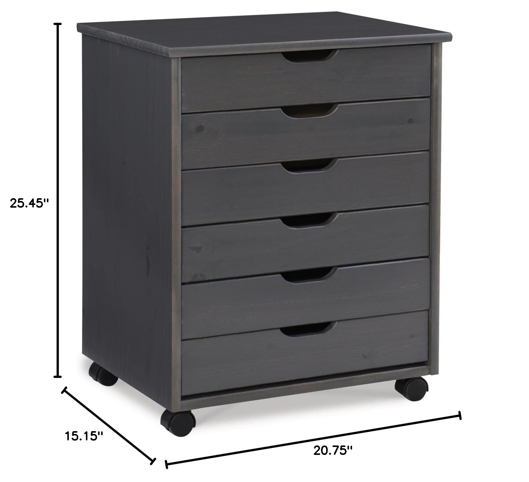 Linon Cary Grey Six Drawer Wide Rolling Storage Cart - Mobile Organizer for Office, Craft Room, or Bedroom Storage