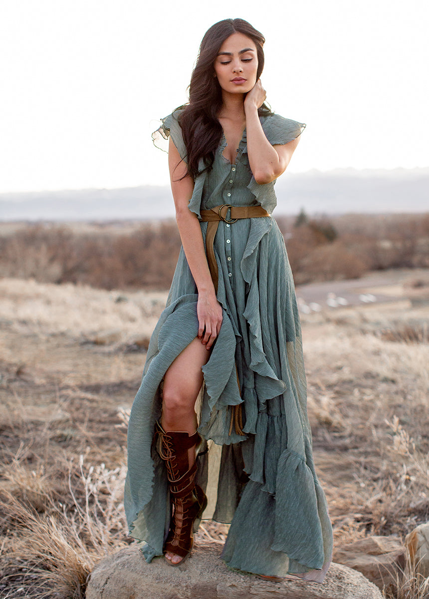 Island Sage Cass Dress - Flowy Midi Dress for Women, Boho Chic Summer Dress with Puff Sleeves | Perfect for Beach Vacations, Date Nights & Outdoor Weddings