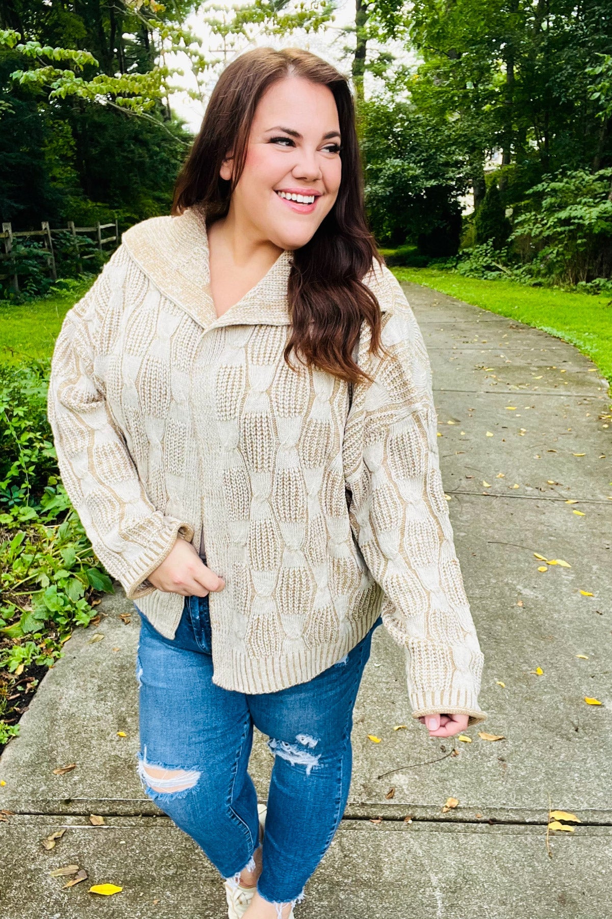 Cozy Taupe Textured Cable Knit Collared Cardigan for Women | Autumn Fall Sweater | Perfect for Layering, Office Wear & Casual Outfits