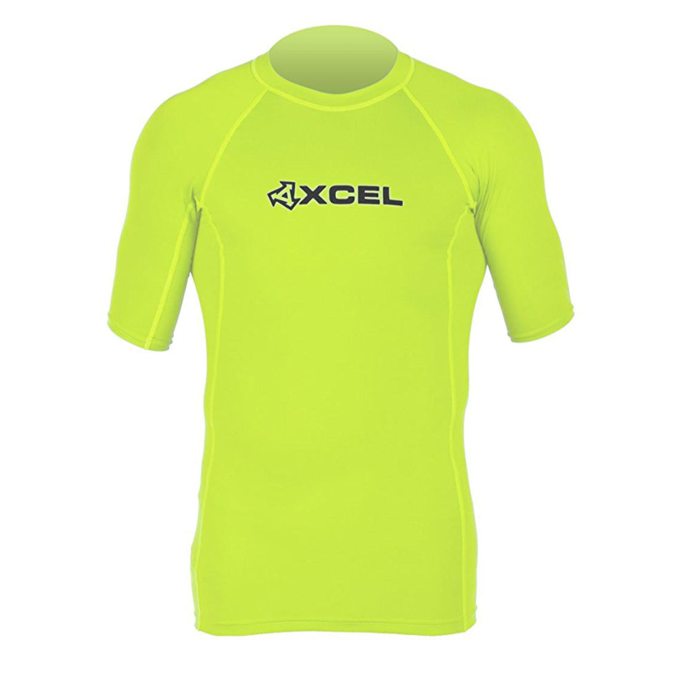 Men's Xcel Premium 6oz 4-Way Stretch Rash Guard Shirt - Short Sleeve UV Protection Swim Top - Lime Green for Surfing, Swimming & Water Sports