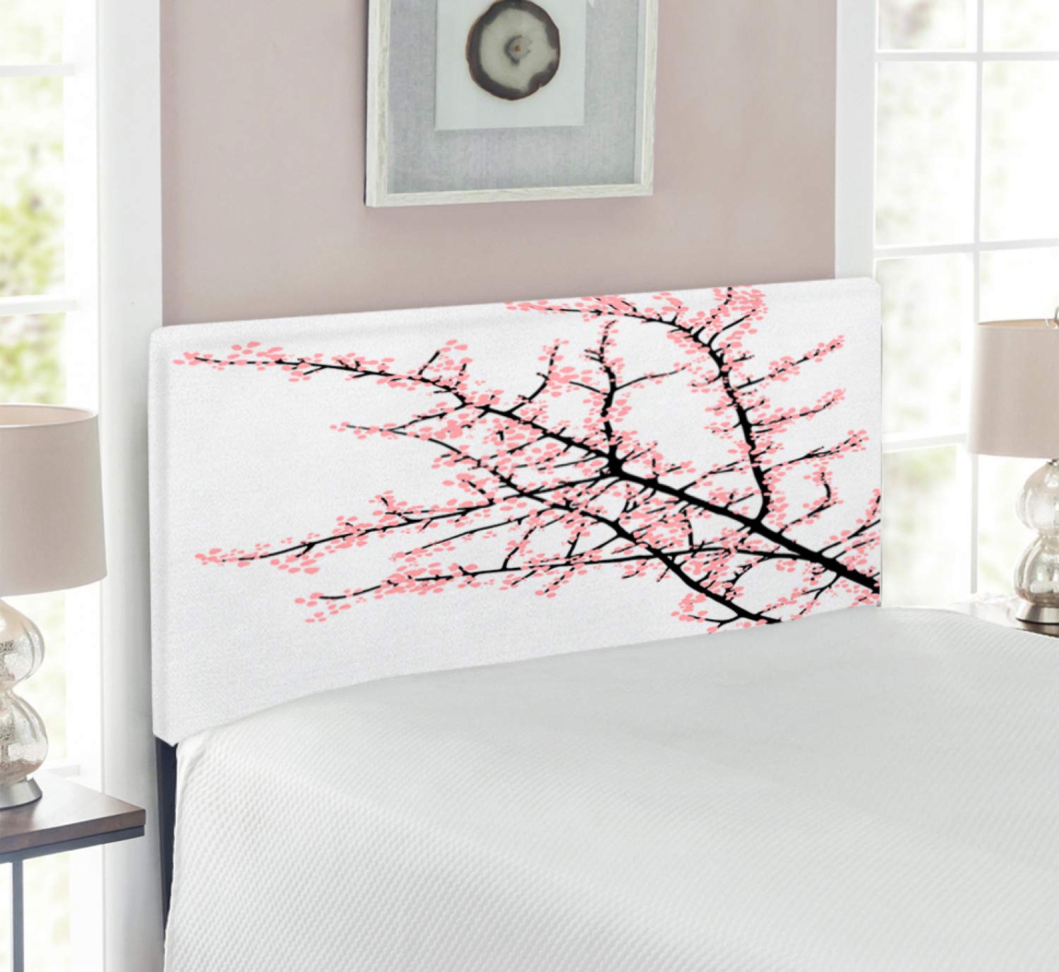 Ambesonne Floral Upholstered Headboard - Cherry Blossom Asian Inspired Metal Bed Frame with Memory Foam, Twin Size in Pink & Black | Perfect for Bedroom Decor, Guest Rooms & Dormitory Style