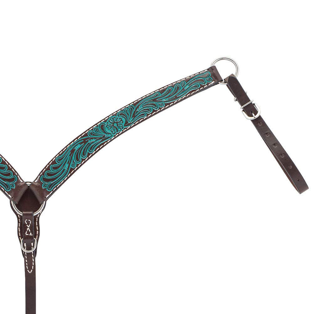 Handmade Carved Turquoise Flower Contoured Breast Collar for Horses - Dark Oil Finish - Perfect for Western Riding, Rodeo & Equestrian Show Events