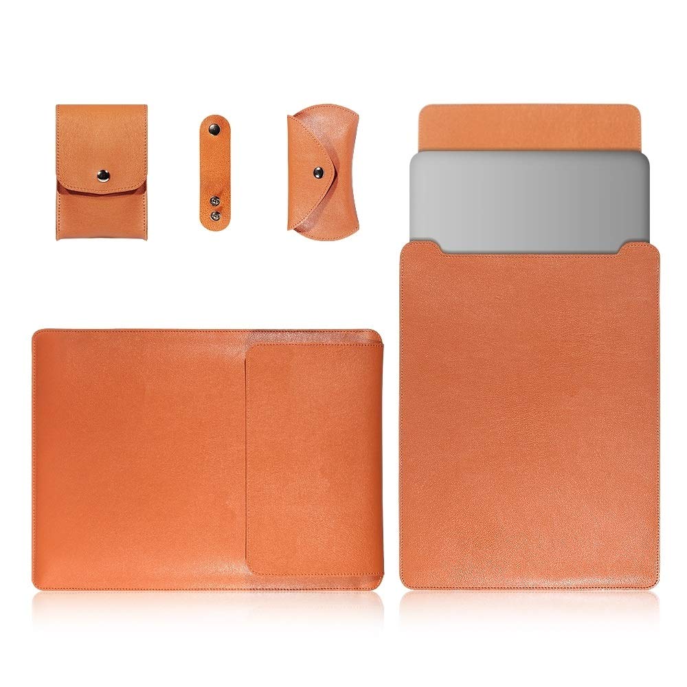 XIAOMIN 4-in-1 Laptop Case for MacBook 13 inch - PU Leather Sleeve with Power Bag, Cable Organizer & Mouse Pouch - Durable Light Brown - Perfect for Work, Travel & School Accessories