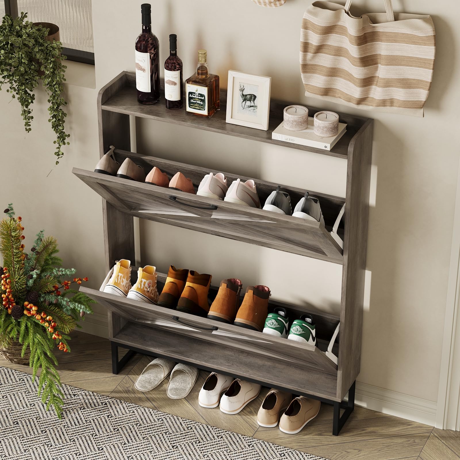Maupvit Narrow Shoe Cabinet with 2 Flip Drawers - Slim Entryway Shoe Storage Organizer with Metal Legs | Farmhouse Style Free Standing Shoe Rack for Hallway, Closet & Small Spaces
