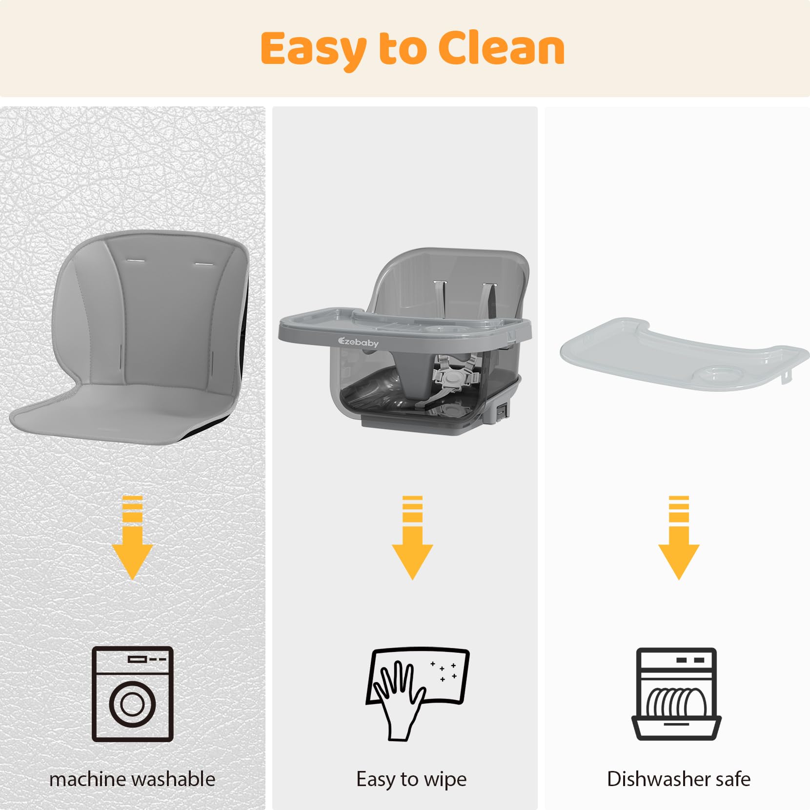 Ezebaby 3-in-1 Foldable Wooden High Chair - Convertible Baby Dining Booster Seat & Toddler Chair with Adjustable Tray | Easy Clean Baby High Chair for Home, Restaurant & Outdoor Use (Transparent Gray)