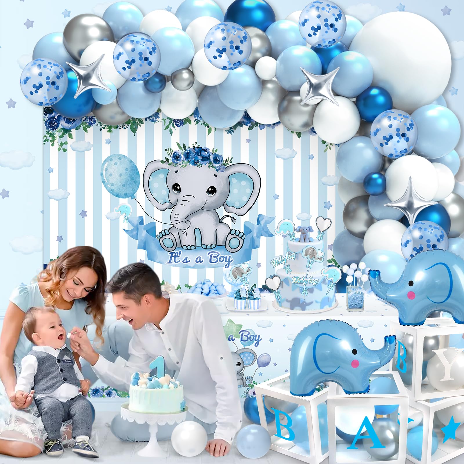 133pcs Blue Elephant Baby Shower Decorations Kit - Balloon Garland, Letter Boxes, Backdrop & Tablecloth for 