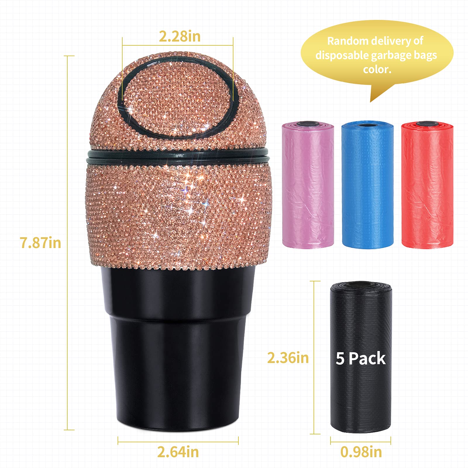 Bling Crystal Car Trash Can with Lid - Mini Auto Garbage Bin for Car, Office & Home - 5 Pack Disposable Bags Included - Gold Cup Holder Trash Can for Women (Perfect for Road Trips, Commuting & Workspace Organization)
