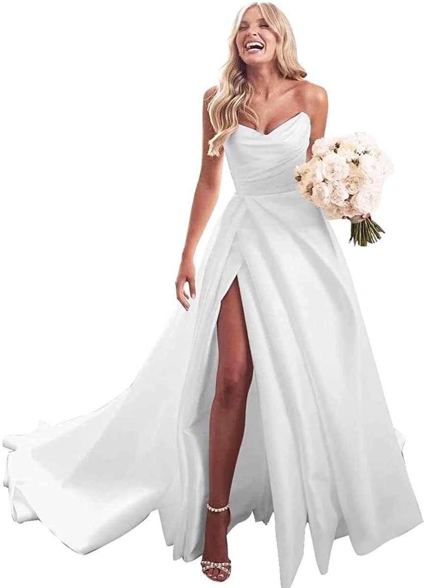 Elegant Strapless Satin Prom Dress for Women - Ruched Ball Gown Wedding Dress with High Slit | Perfect for Brides, Formal Events & Special Occasions in 2022
