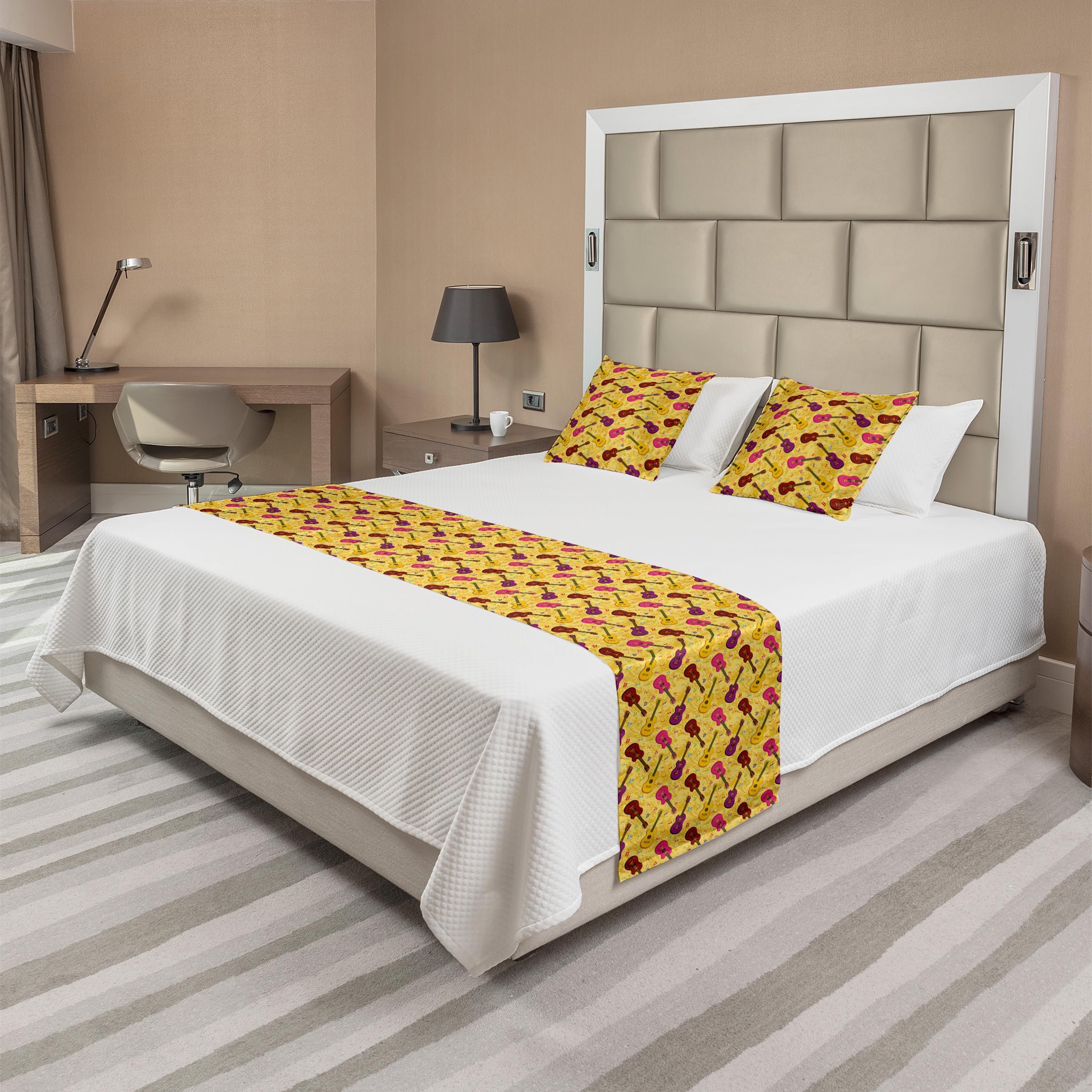 Ambesonne Guitar Bed Runner Set - Colorful Musical Instrument & Notes Pattern, Decorative Bedding Scarf with 2 Pillow Shams for Queen Size Beds | Perfect for Home Decor, Hotel Styling & Music Lover Gifts (Mustard & Multicolor)