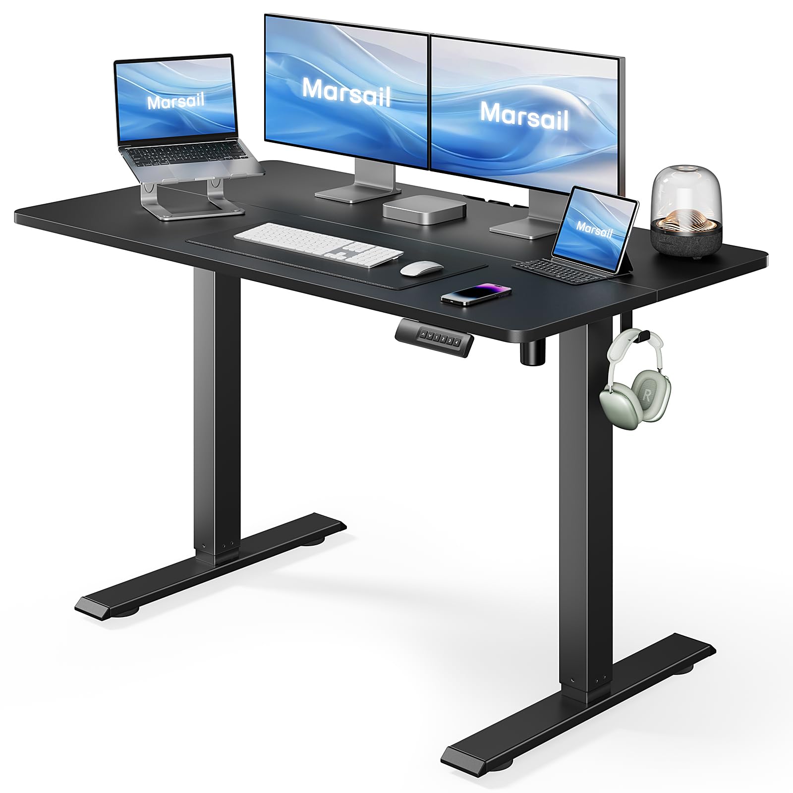Marsail 48x24 Inch Electric Standing Desk - Adjustable Height Home Office Desk with 4 Memory Presets, Headphone Hook & Cable Organizer (Black) | Perfect for Remote Work, Gaming & Study Spaces