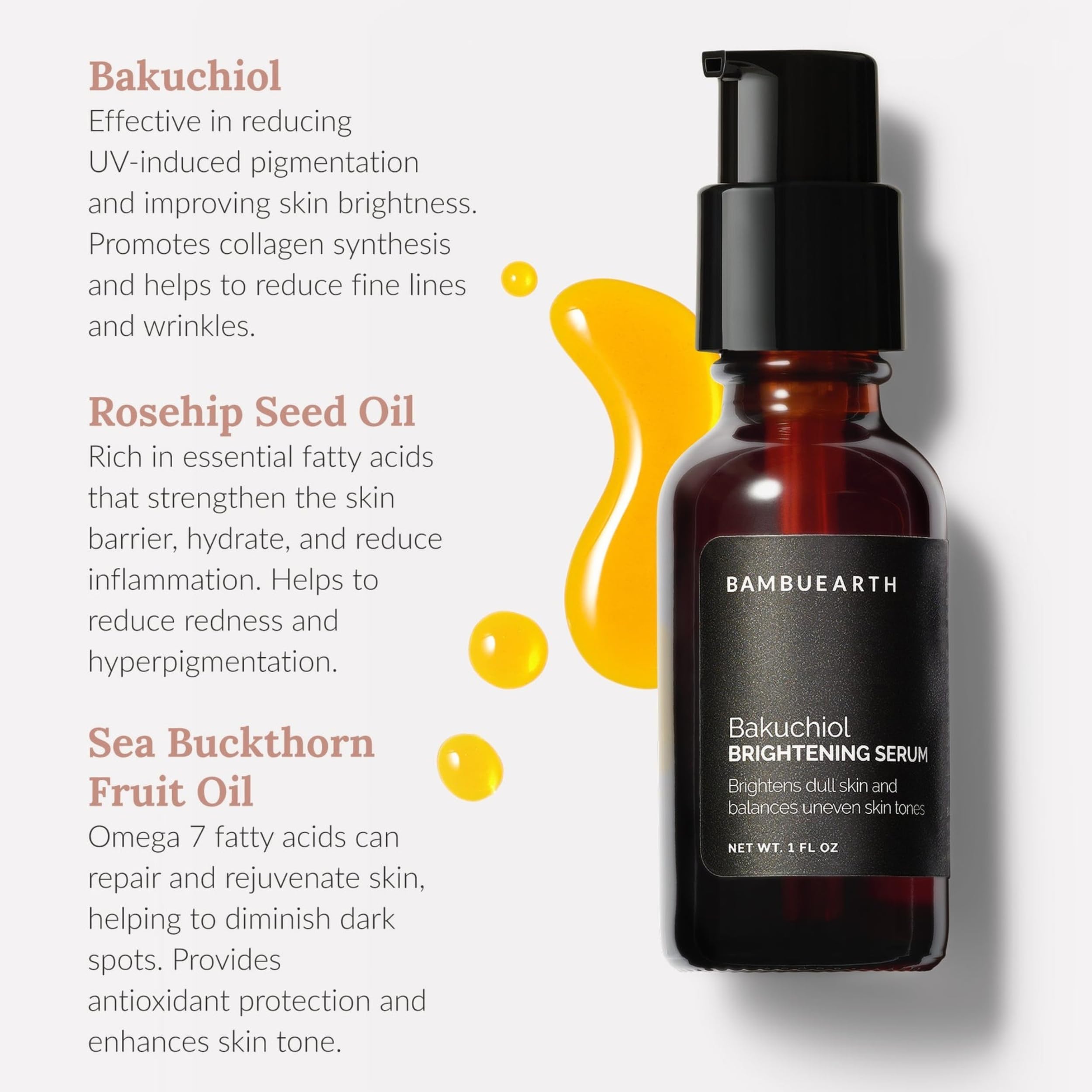 Bambu Earth Bakuchiol Brightening Serum - 1 Fl Oz Retinol Alternative for Anti-Aging, Organic Rosehip Seed Oil, Buriti Oil & Sea Buckthorn - Antioxidant Face Serum for Glowing Skin - Perfect for Nighttime Skincare Routine & Sensitive Skin Care