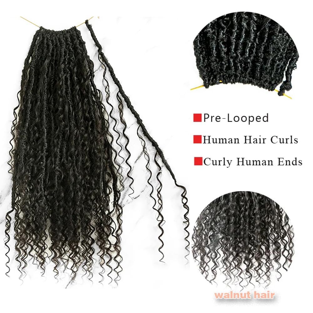 Pre-Looped Crochet Boho Faux Locs with Human Hair Curls | Goddess Crochet Locs with Curly Ends | Soft Dreadlocks Hair for Black Women | Natural Color 18 Inch 3 Packs (72 Locs) | Perfect for Protective Styling, Weddings & Everyday Wear